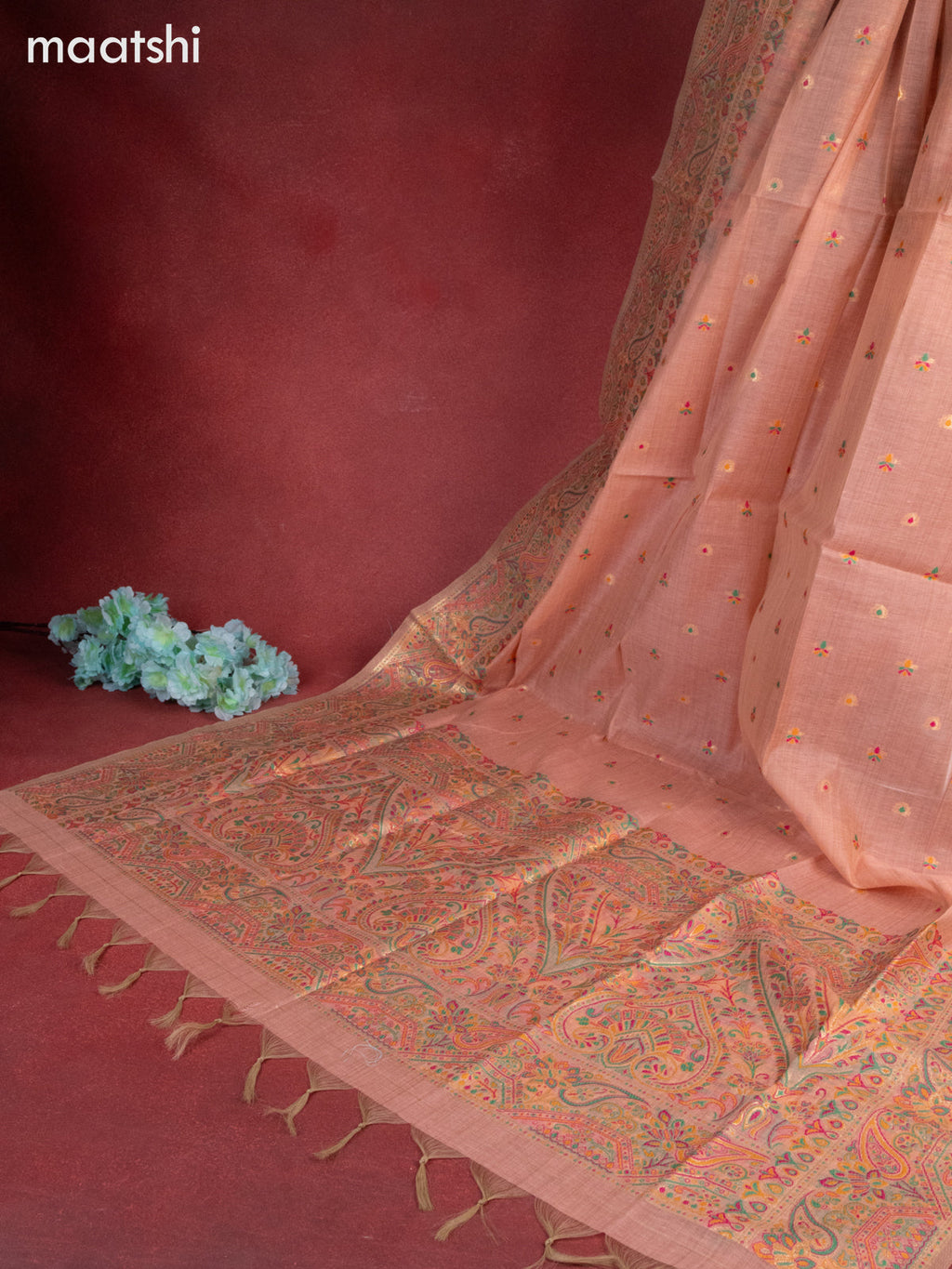 Munga cotton dress material peach shade with woven buttas & beaded zardosi work neck pattern and bottom & thread zari dupatta