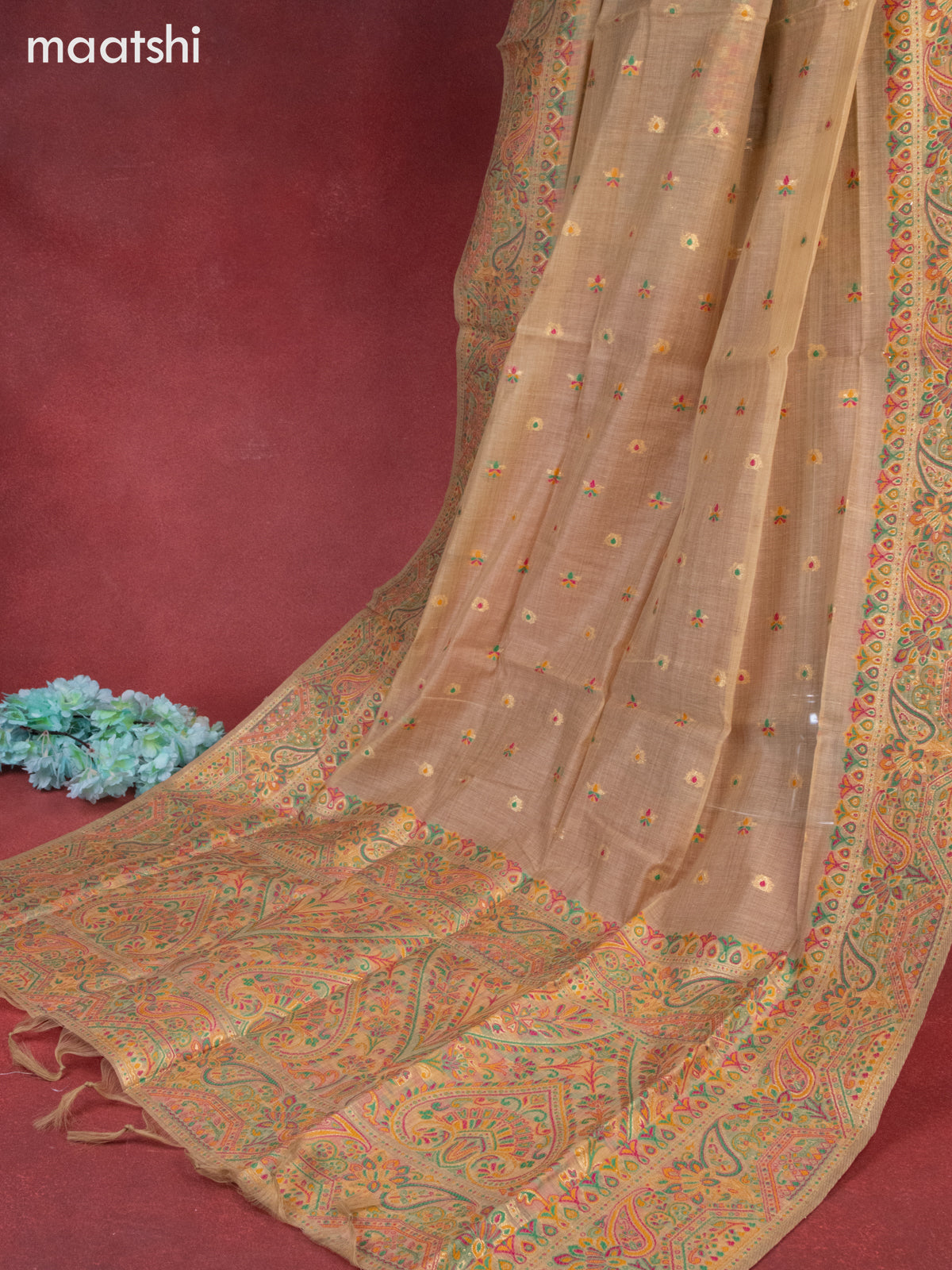 Munga cotton dress material sandal with woven buttas & beaded zardosi work neck pattern and bottom & thread zari dupatta