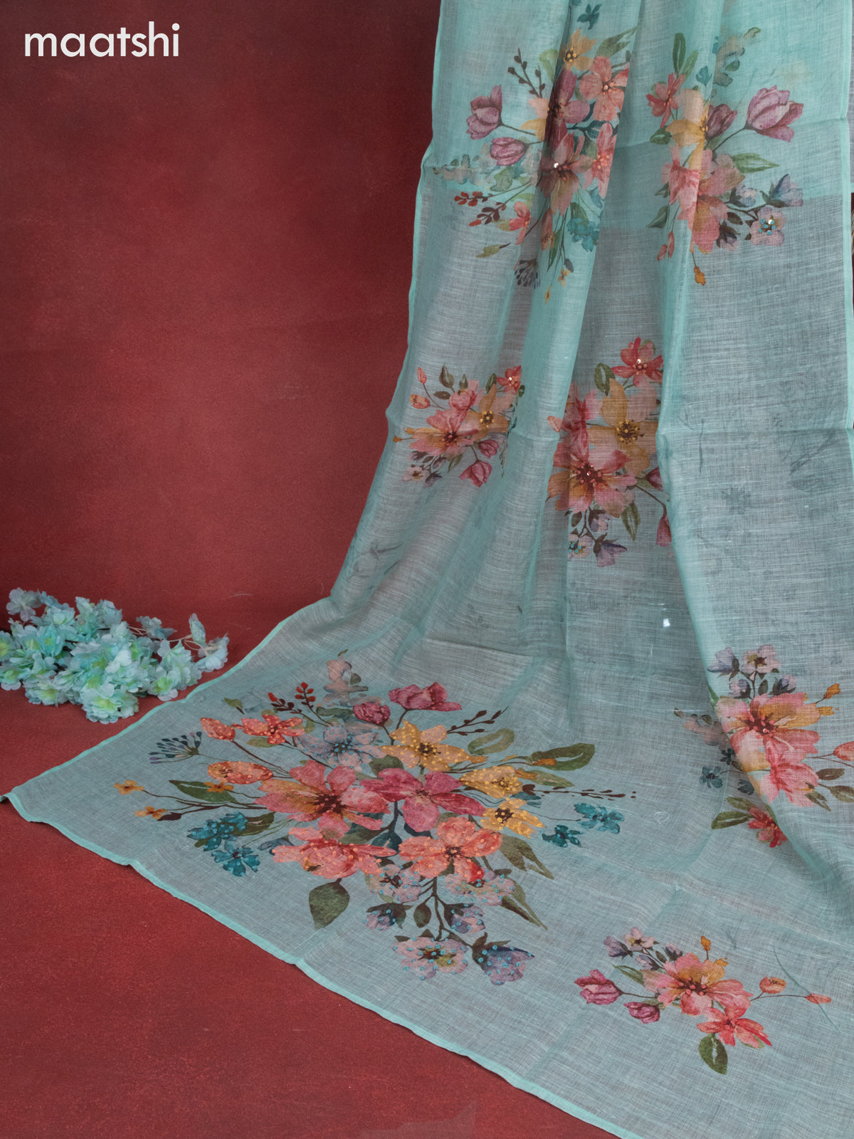 Linen dress material teal blue with allover prints & sequin embroidery work neck pattern and bottom & french knot dupatta
