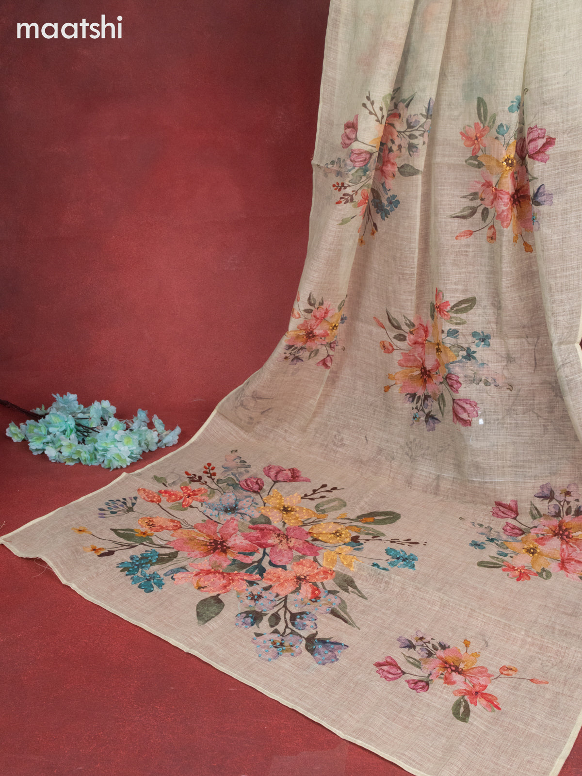 Linen dress material pastel green shade with allover prints & sequin embroidery work neck pattern and bottom & french knot dupatta