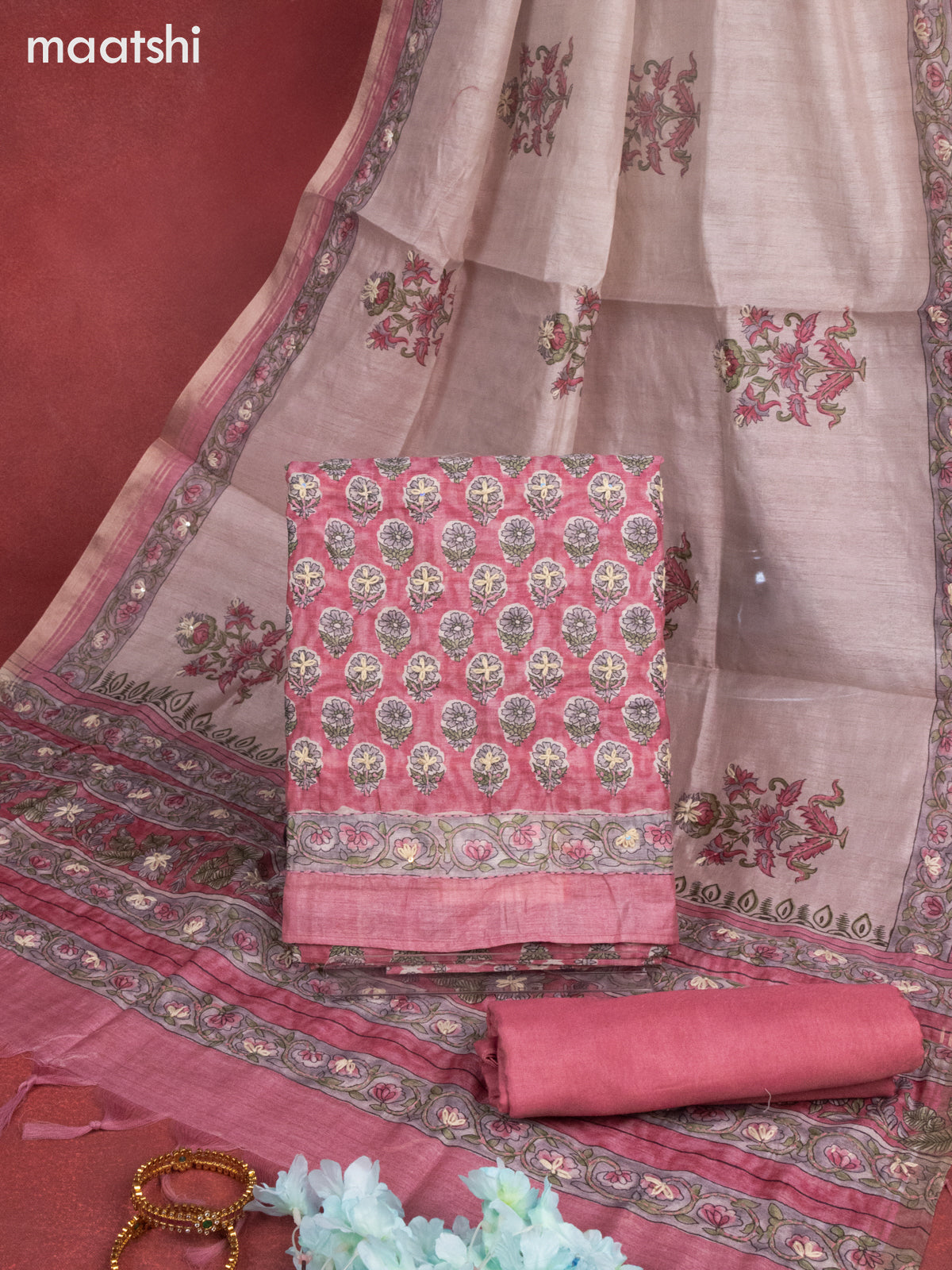 Munga cotton dress material peach pink with allover floral buttas & sequin kantha stich work and bottom & dupatta