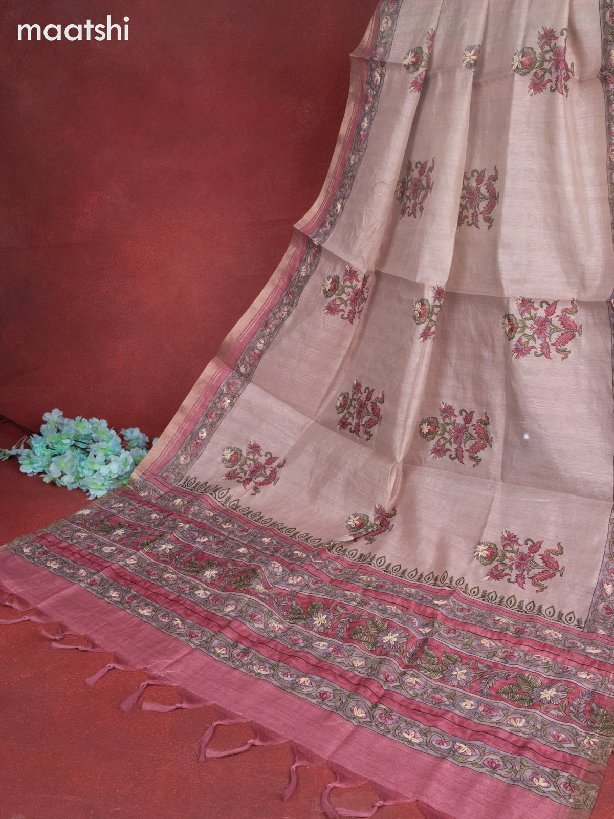 Munga cotton dress material peach pink with allover floral buttas & sequin kantha stich work and bottom & dupatta