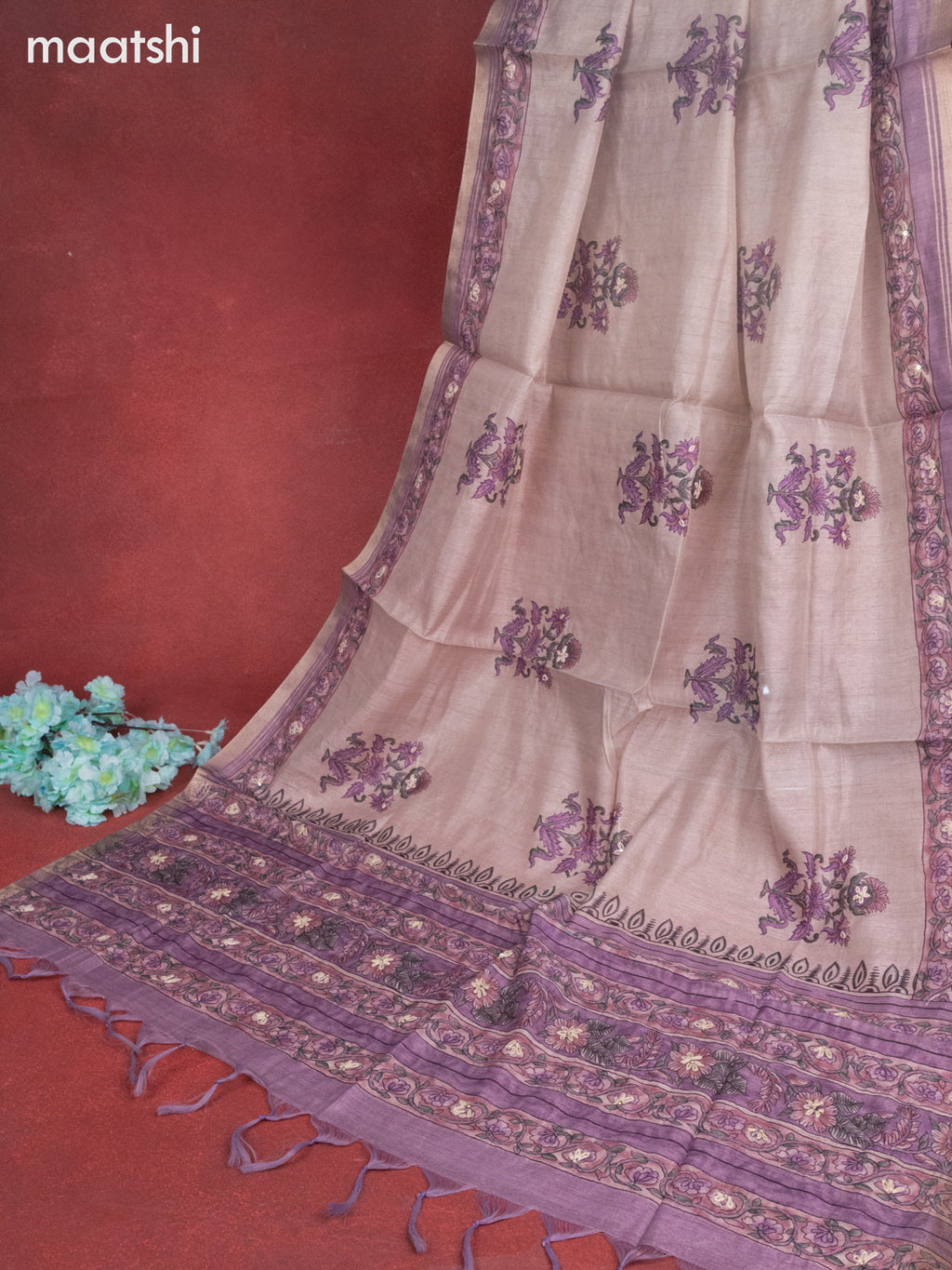 Munga cotton dress material purple shade with allover floral buttas & sequin kantha stich work and bottom & dupatta