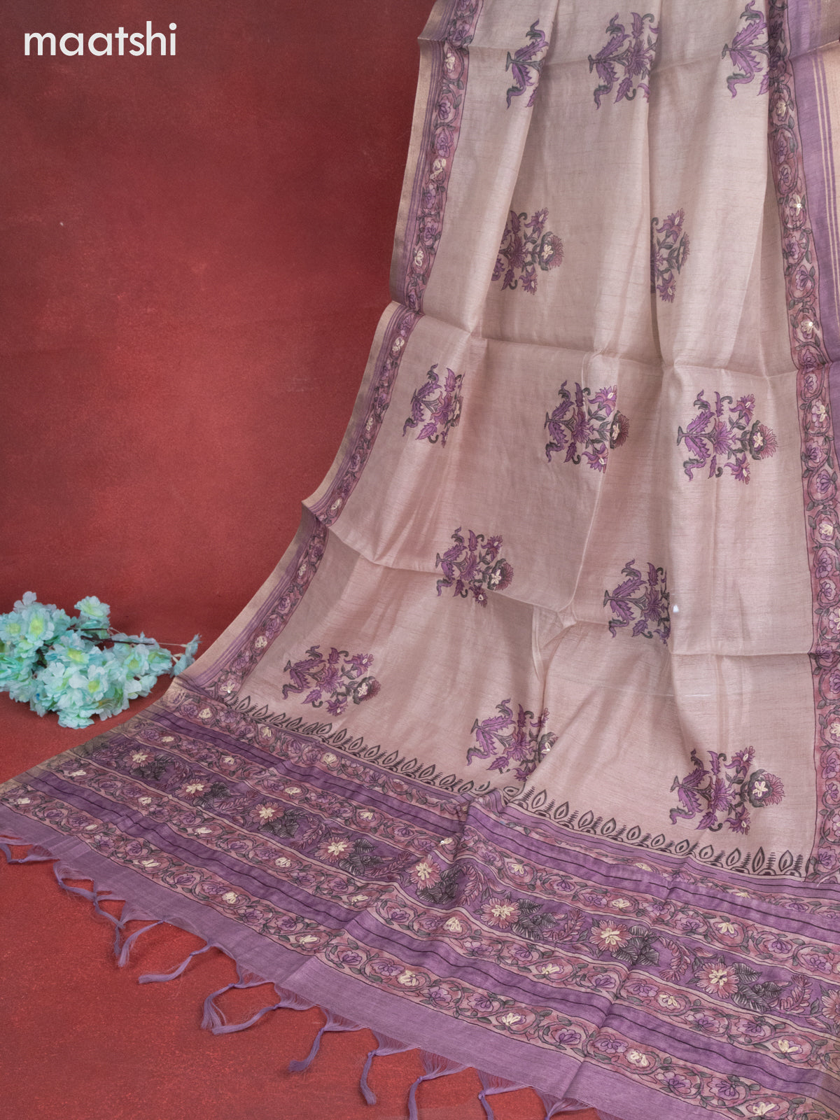 Munga cotton dress material purple shade with allover floral buttas & sequin kantha stich work and bottom & dupatta