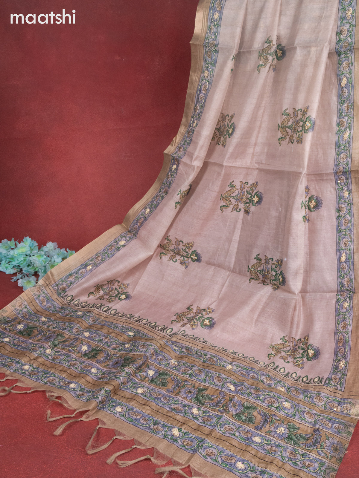 Munga cotton dress material beige with allover floral buttas & sequin kantha stich work and bottom & dupatta