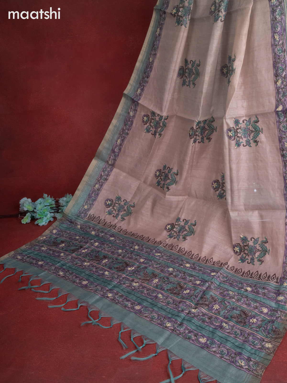 Munga cotton dress material teal shade with allover floral buttas & sequin kantha stich work and bottom & dupatta