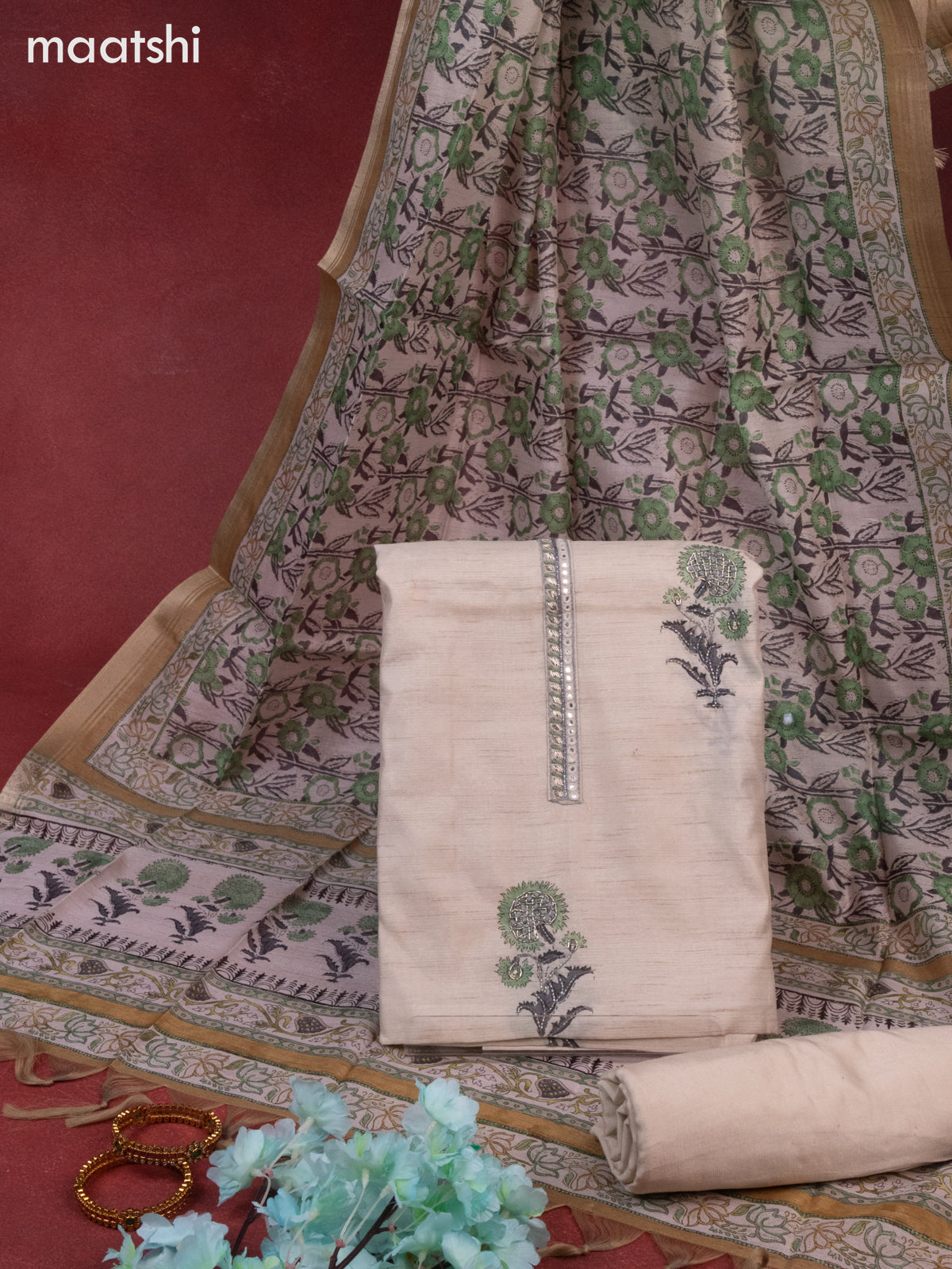 Chanderi dress material beige and mustard with buttas & mirror embroidery work neck pattern and bottom & printed dupatta
