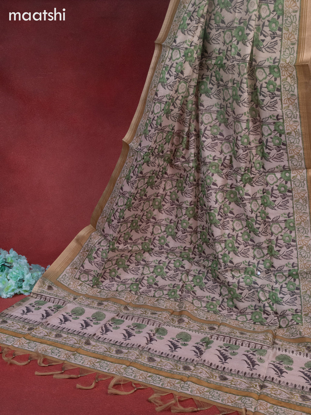 Chanderi dress material beige and mustard with buttas & mirror embroidery work neck pattern and bottom & printed dupatta