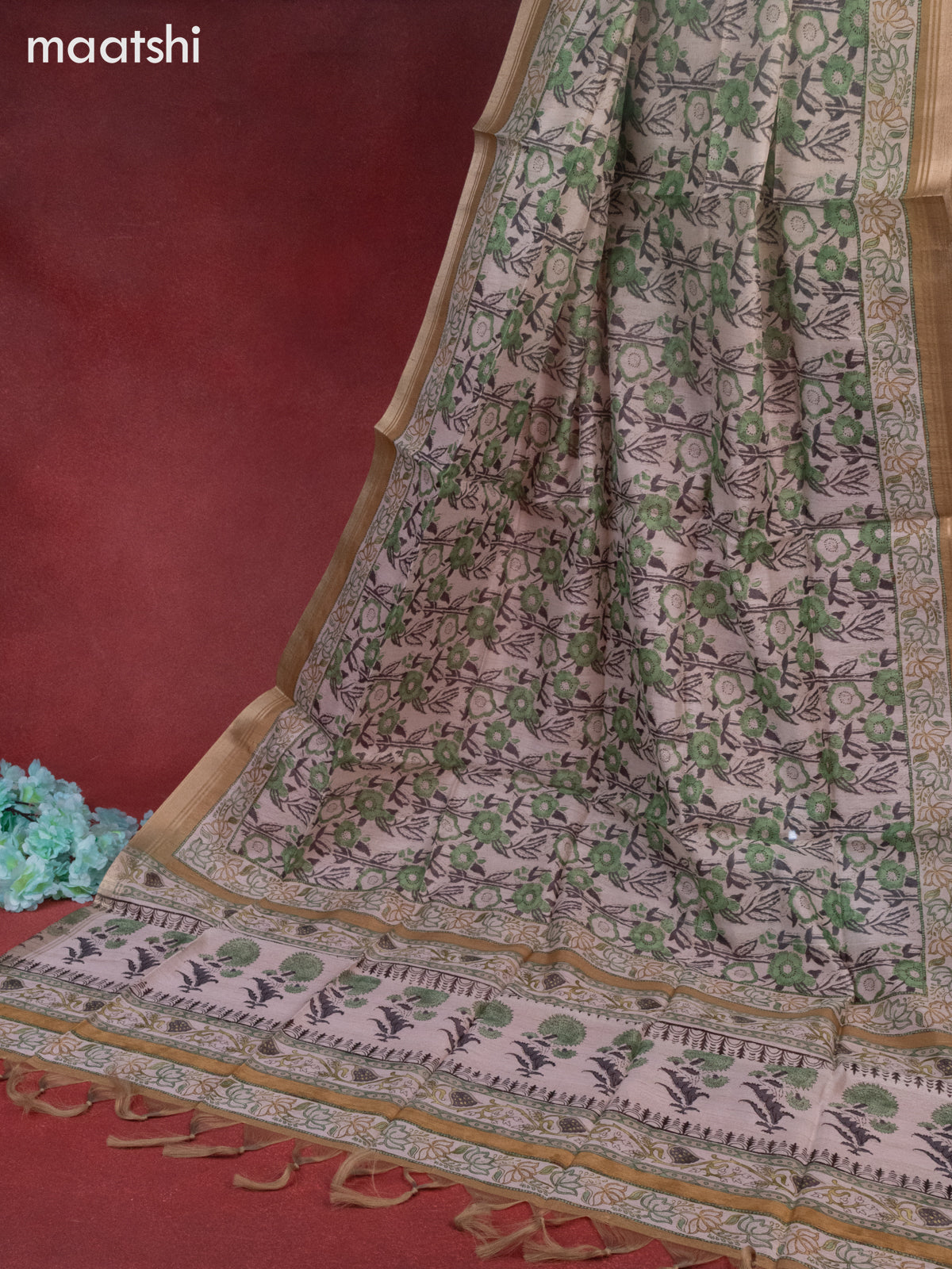 Chanderi dress material beige and mustard with buttas & mirror embroidery work neck pattern and bottom & printed dupatta