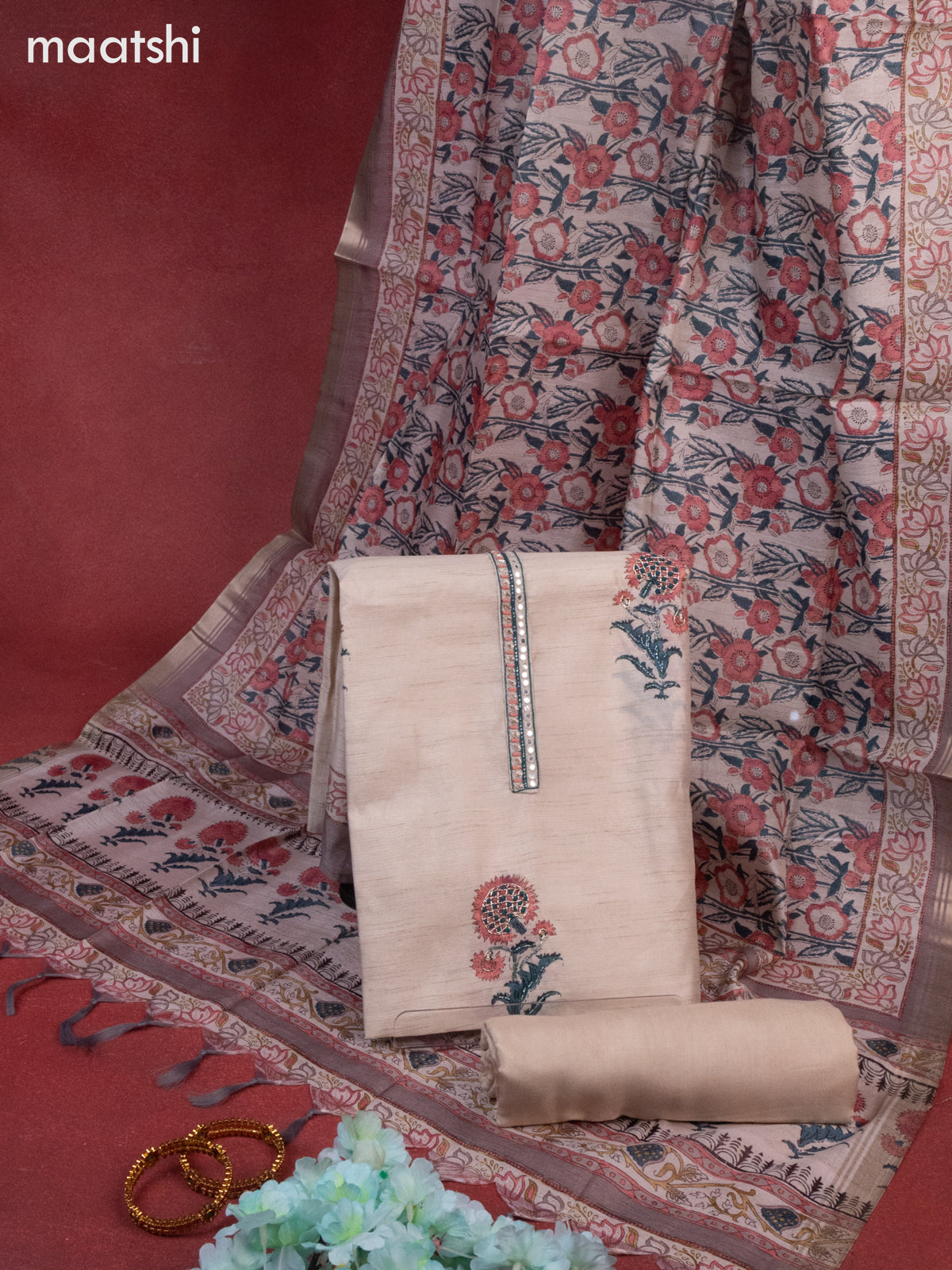 Chanderi dress material beige and grey with buttas & mirror embroidery work neck pattern and bottom & printed dupatta