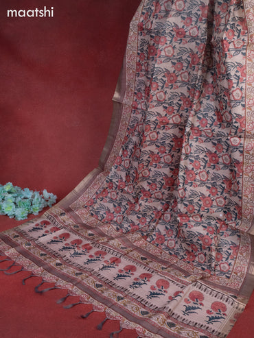 Chanderi dress material beige and grey with buttas & mirror embroidery work neck pattern and bottom & printed dupatta