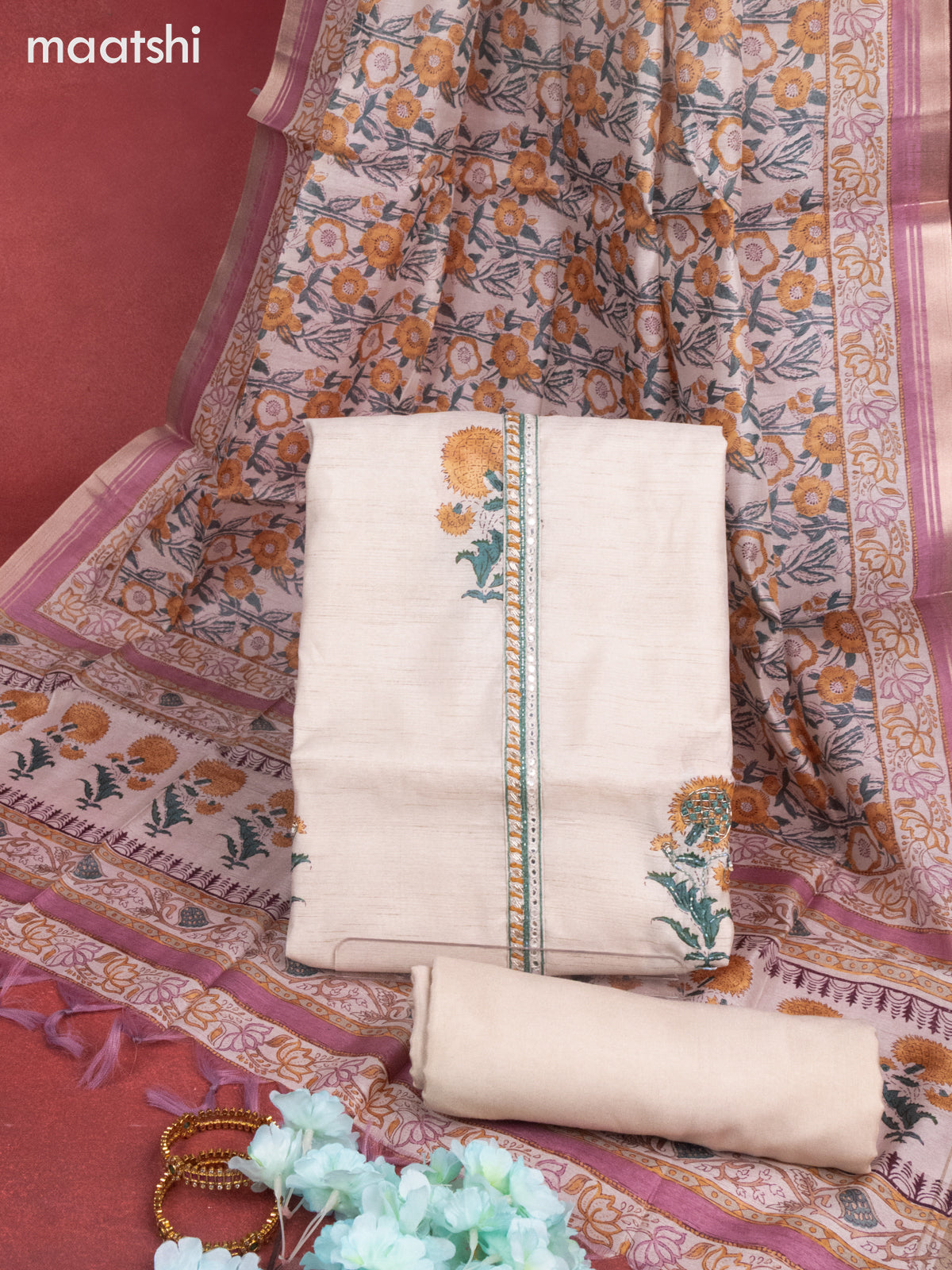 Chanderi dress material beige and mauve pink with buttas & mirror embroidery work neck pattern and bottom & printed dupatta