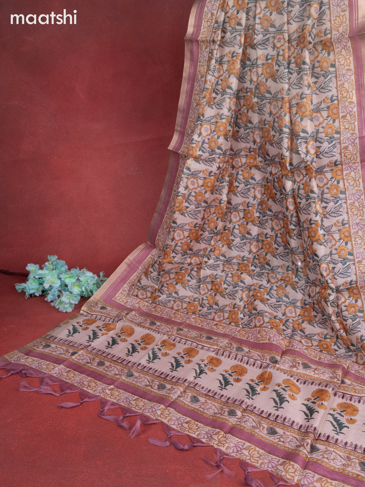 Chanderi dress material beige and mauve pink with buttas & mirror embroidery work neck pattern and bottom & printed dupatta