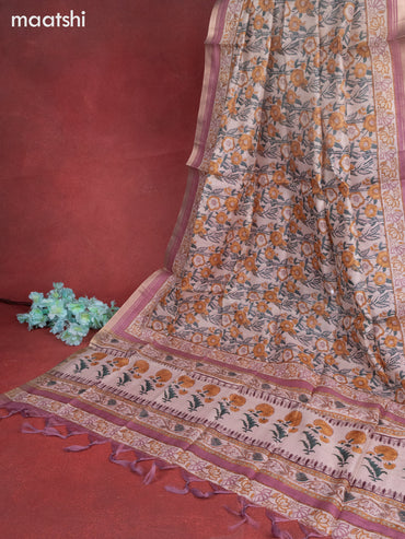 Chanderi dress material beige and mauve pink with buttas & mirror embroidery work neck pattern and bottom & printed dupatta