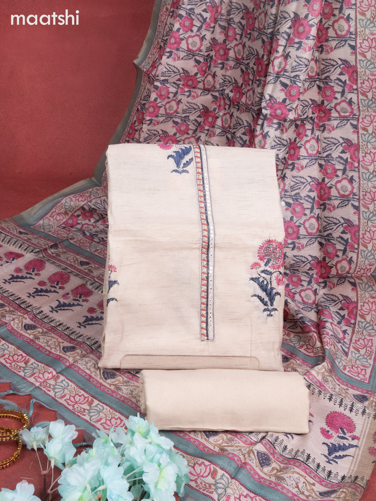 Chanderi dress material beige and teal shade with buttas & mirror embroidery work neck pattern and bottom & printed dupatta