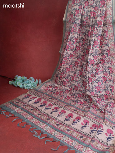 Chanderi dress material beige and teal shade with buttas & mirror embroidery work neck pattern and bottom & printed dupatta