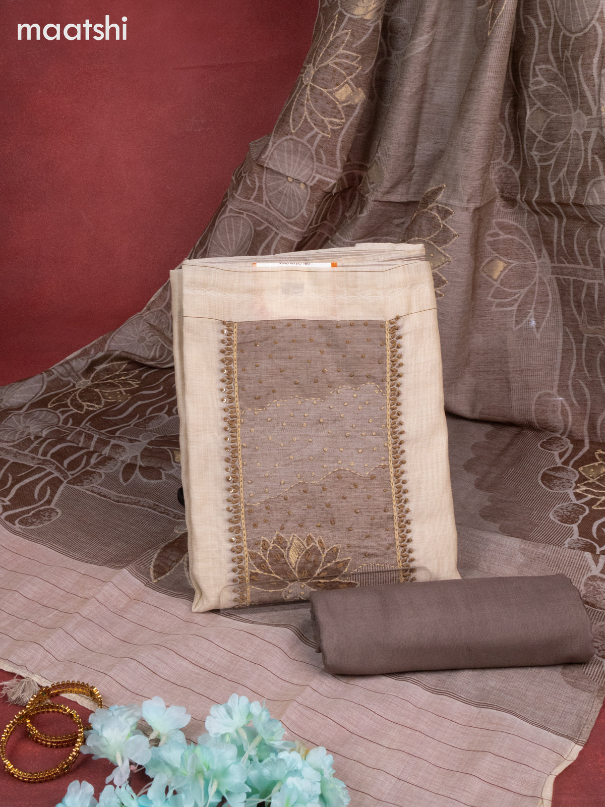 Munga cotton dress material beige and brown shade with sequin & kantha stich work neck pattern and bottom & french knot dupatta