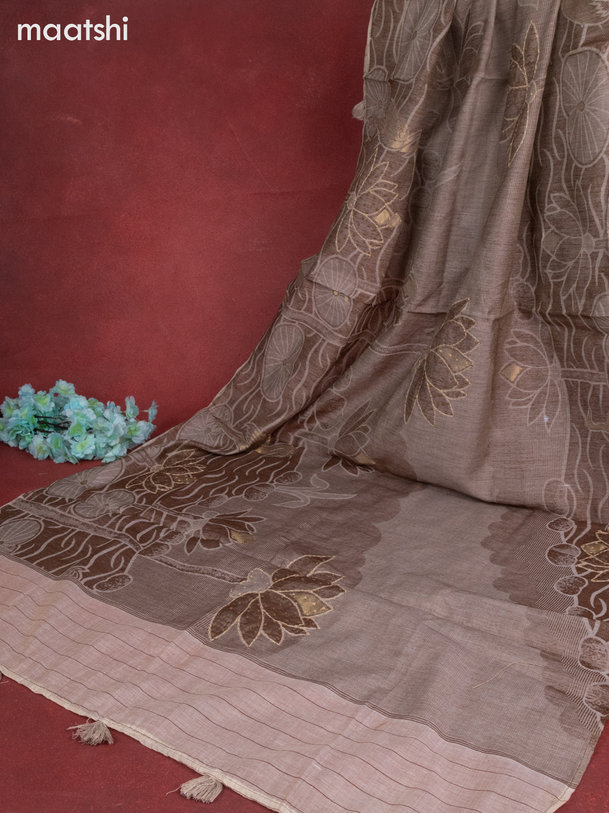 Munga cotton dress material beige and brown shade with sequin & kantha stich work neck pattern and bottom & french knot dupatta