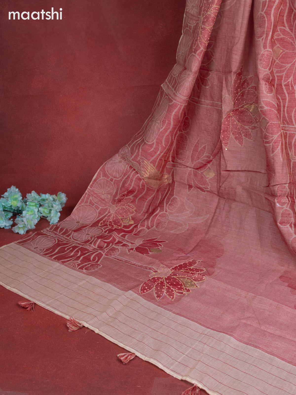 Munga cotton dress material beige and maroon shade with sequin & kantha stich work neck pattern and bottom & french knot dupatta
