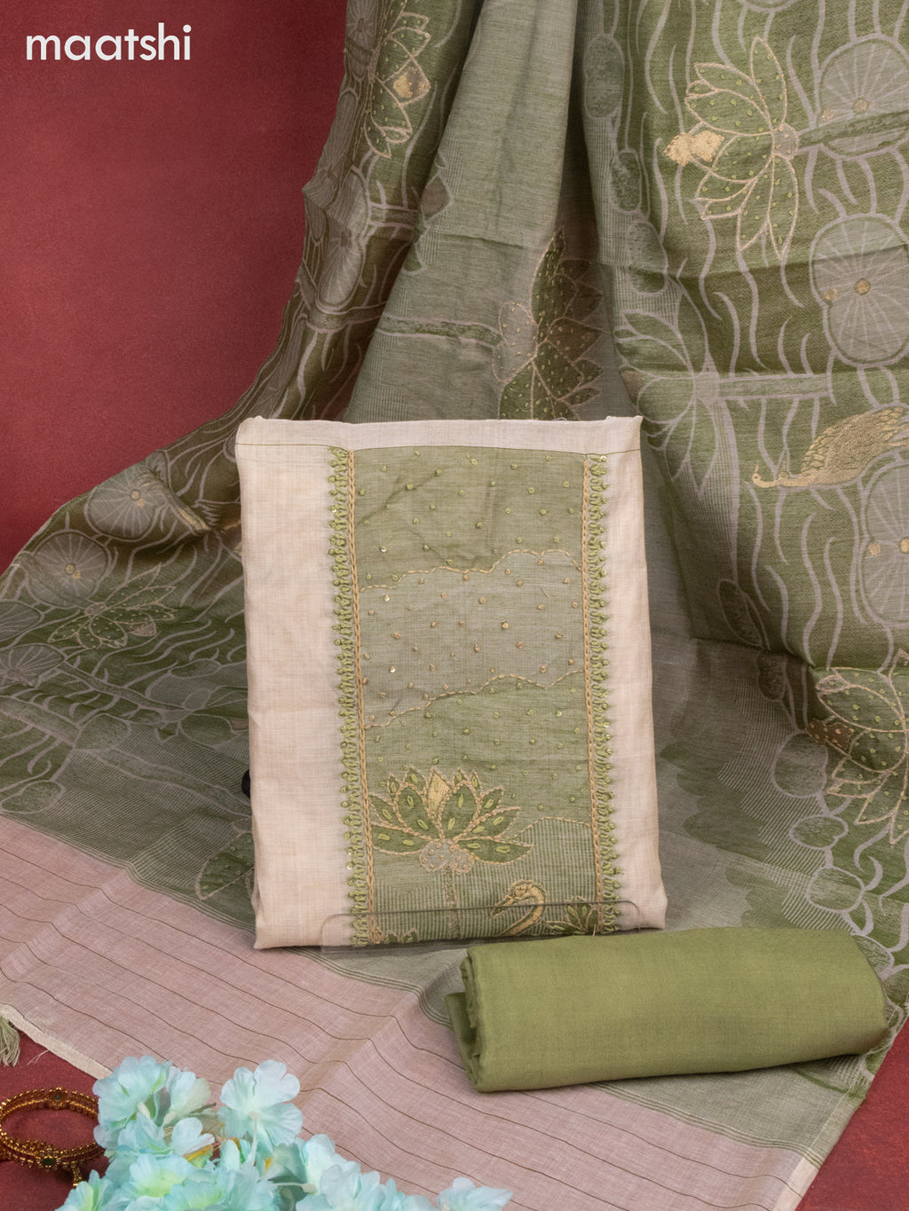 Munga cotton dress material beige and green shade with sequin & kantha stich work neck pattern and bottom & french knot dupatta