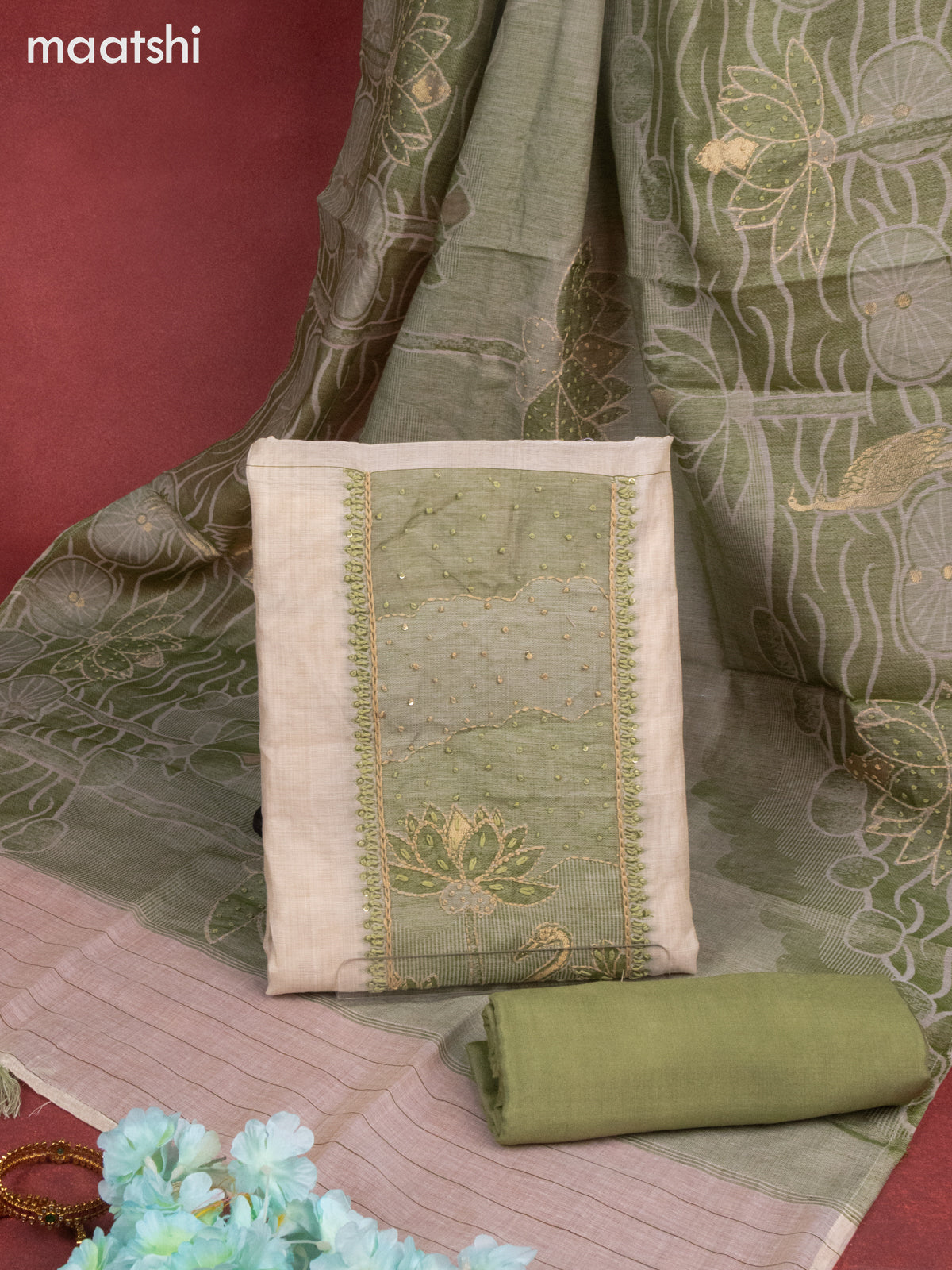 Munga cotton dress material beige and green shade with sequin & kantha stich work neck pattern and bottom & french knot dupatta