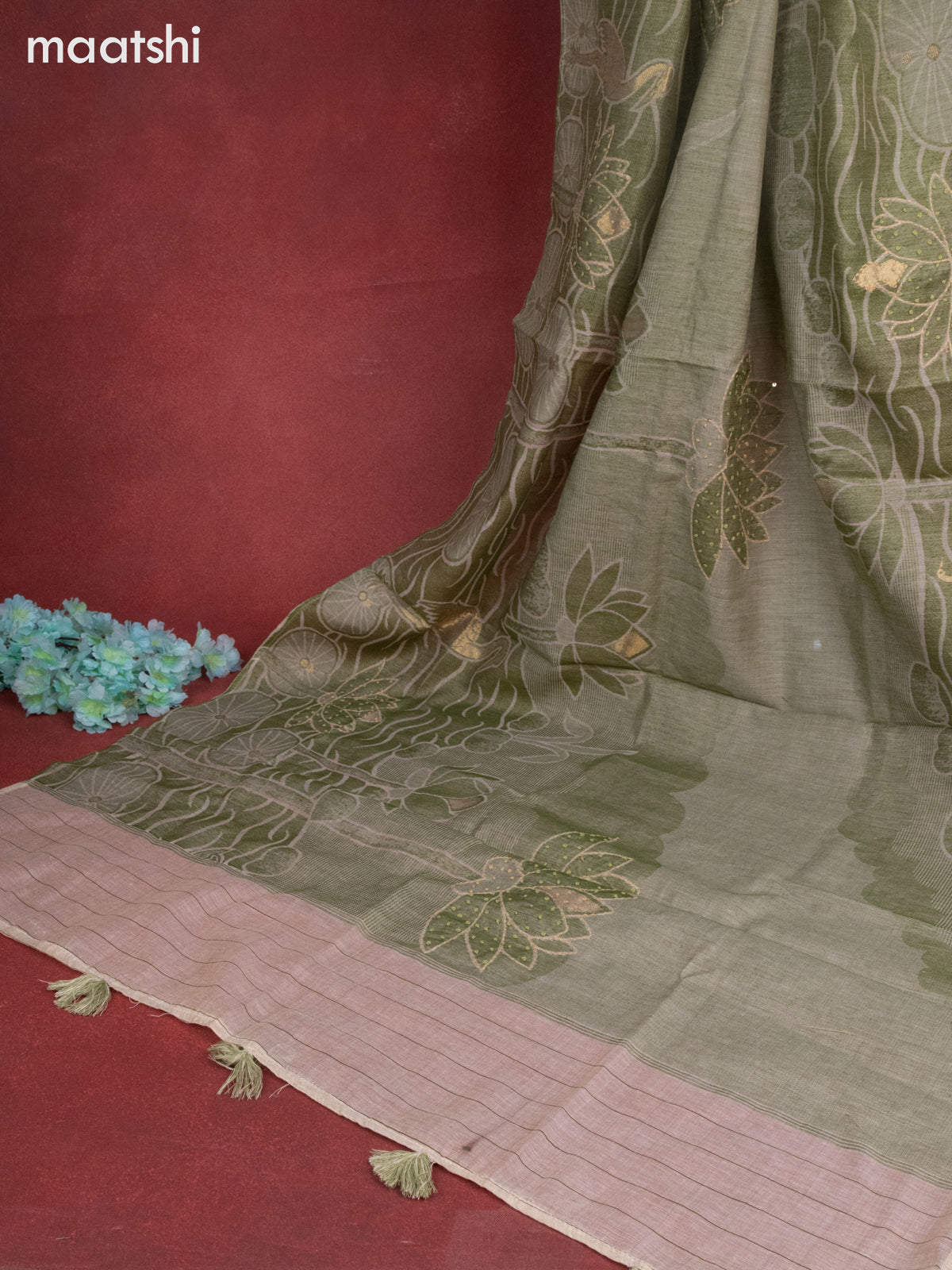 Munga cotton dress material beige and green shade with sequin & kantha stich work neck pattern and bottom & french knot dupatta