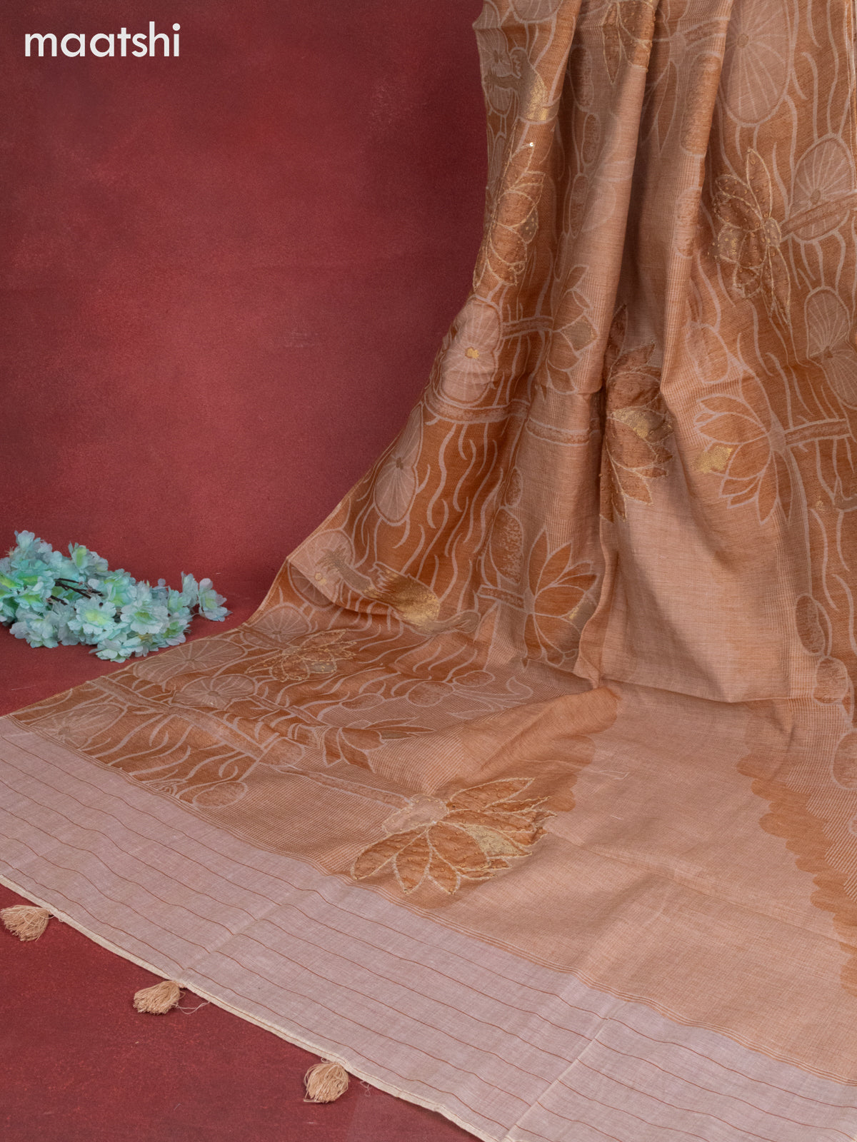 Munga cotton dress material beige and brown shade with sequin & kantha stich work neck pattern and bottom & french knot dupatta