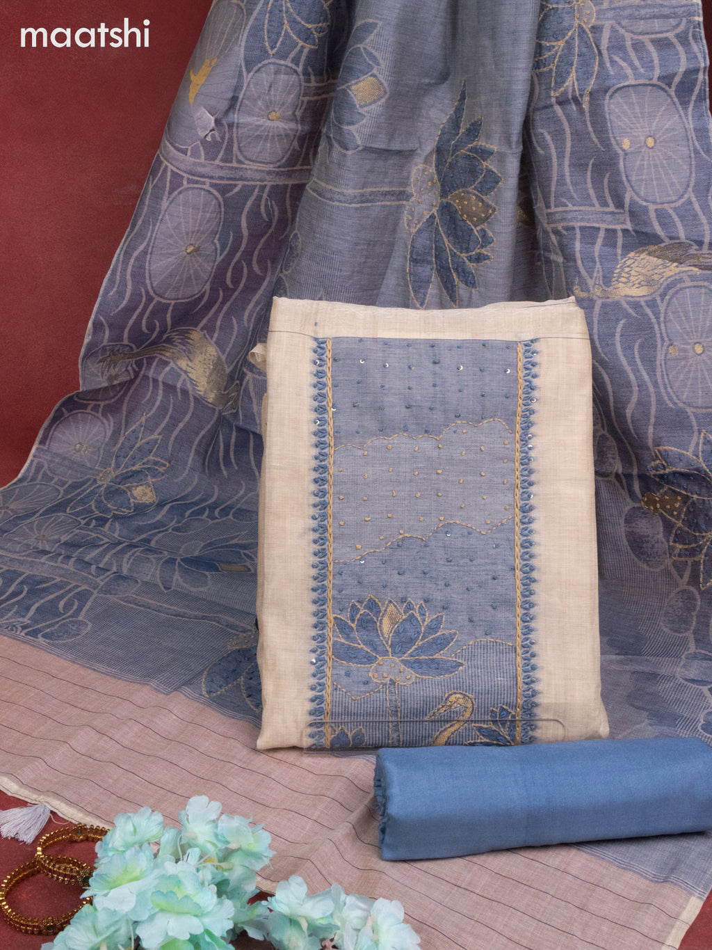 Munga cotton dress material beige and blue shade with sequin & kantha stich work neck pattern and bottom & french knot dupatta