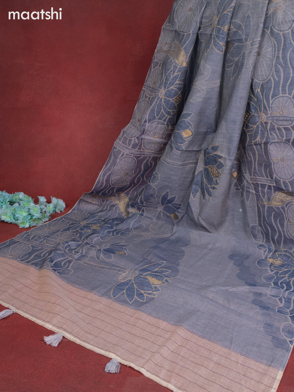 Munga cotton dress material beige and blue shade with sequin & kantha stich work neck pattern and bottom & french knot dupatta