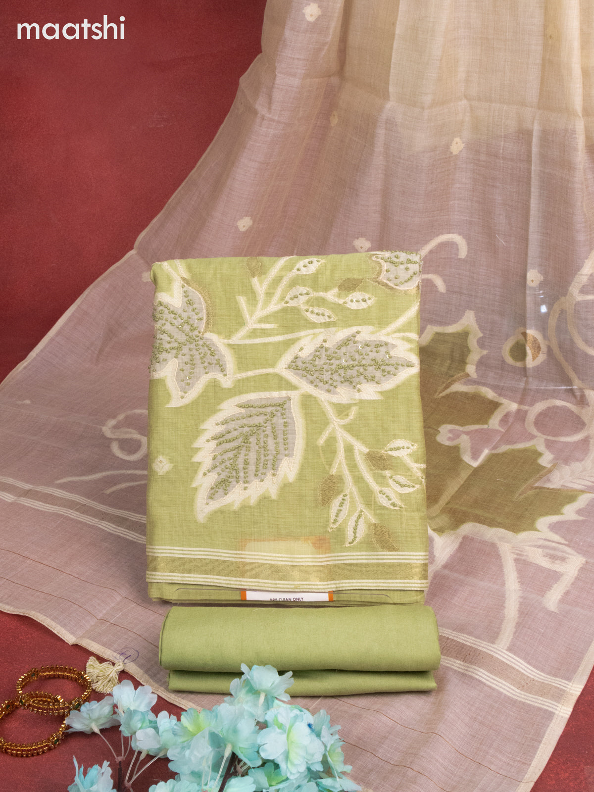 Munga cotton dress material pista green with french knot & embroidery work and bottom & thread zari dupatta