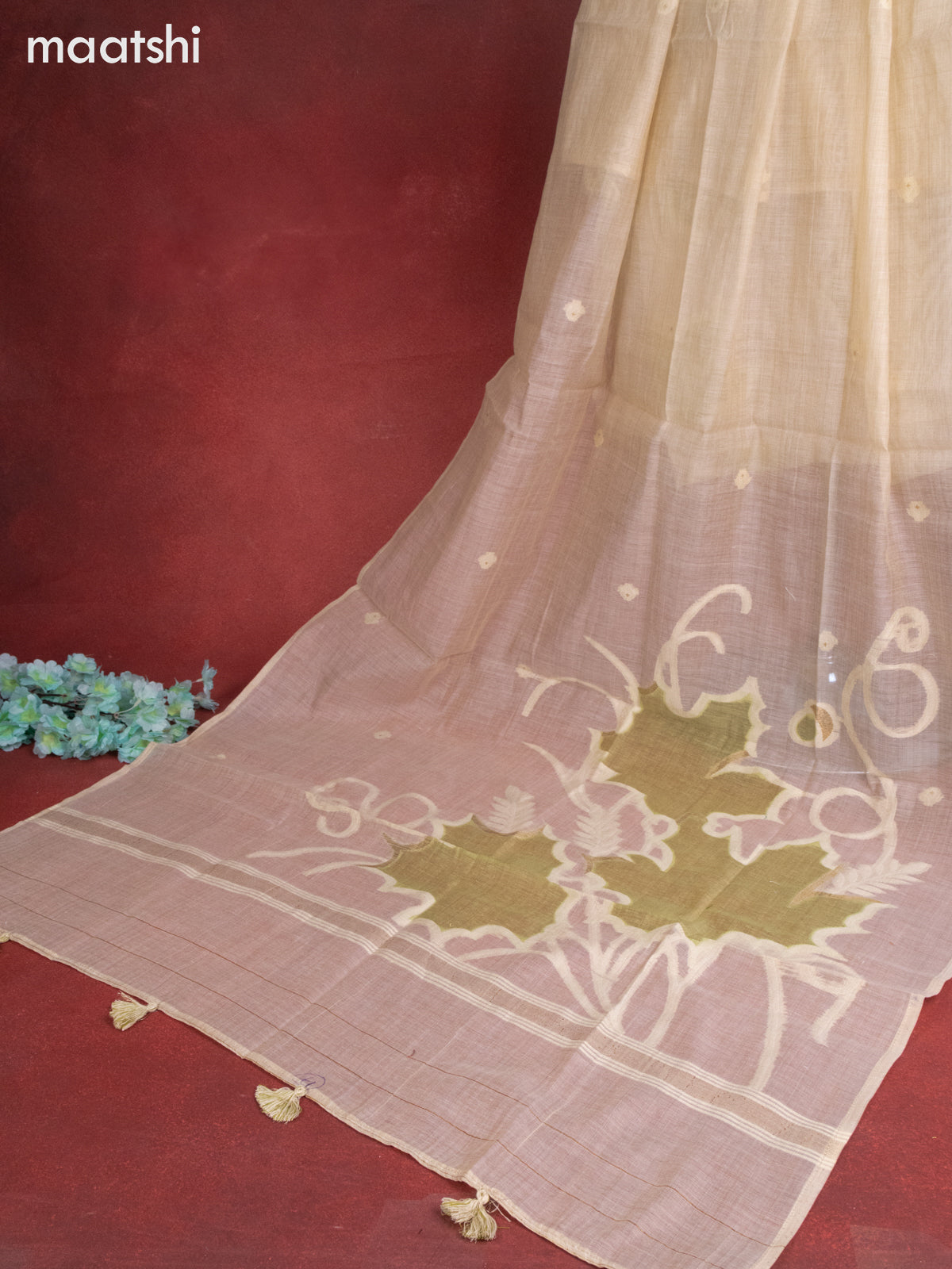 Munga cotton dress material pista green with french knot & embroidery work and bottom & thread zari dupatta