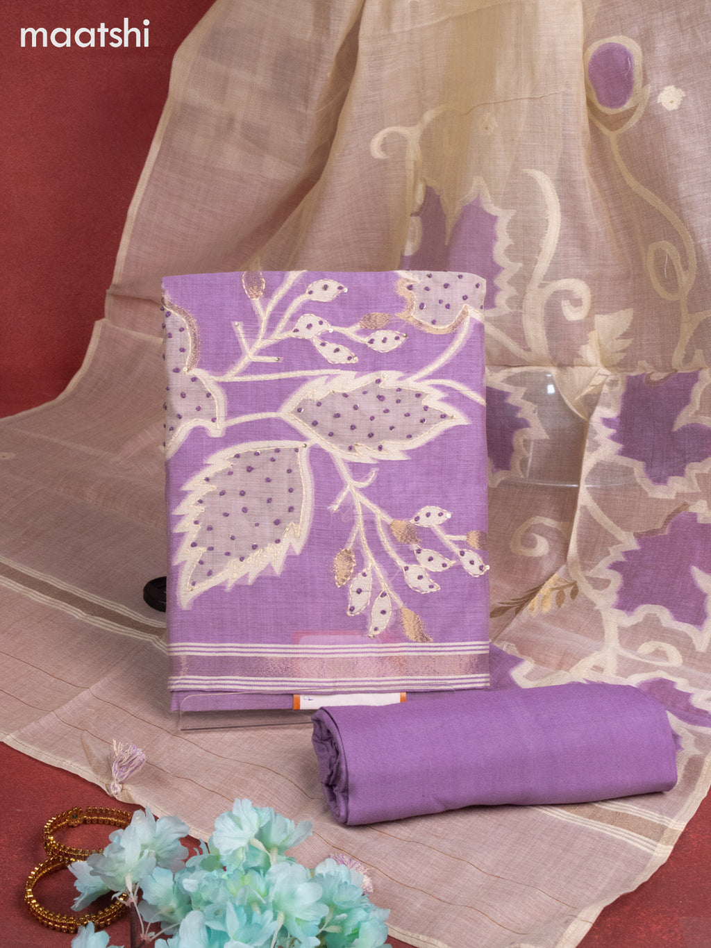 Munga cotton dress material lavender with french knot & embroidery work and bottom & thread zari dupatta