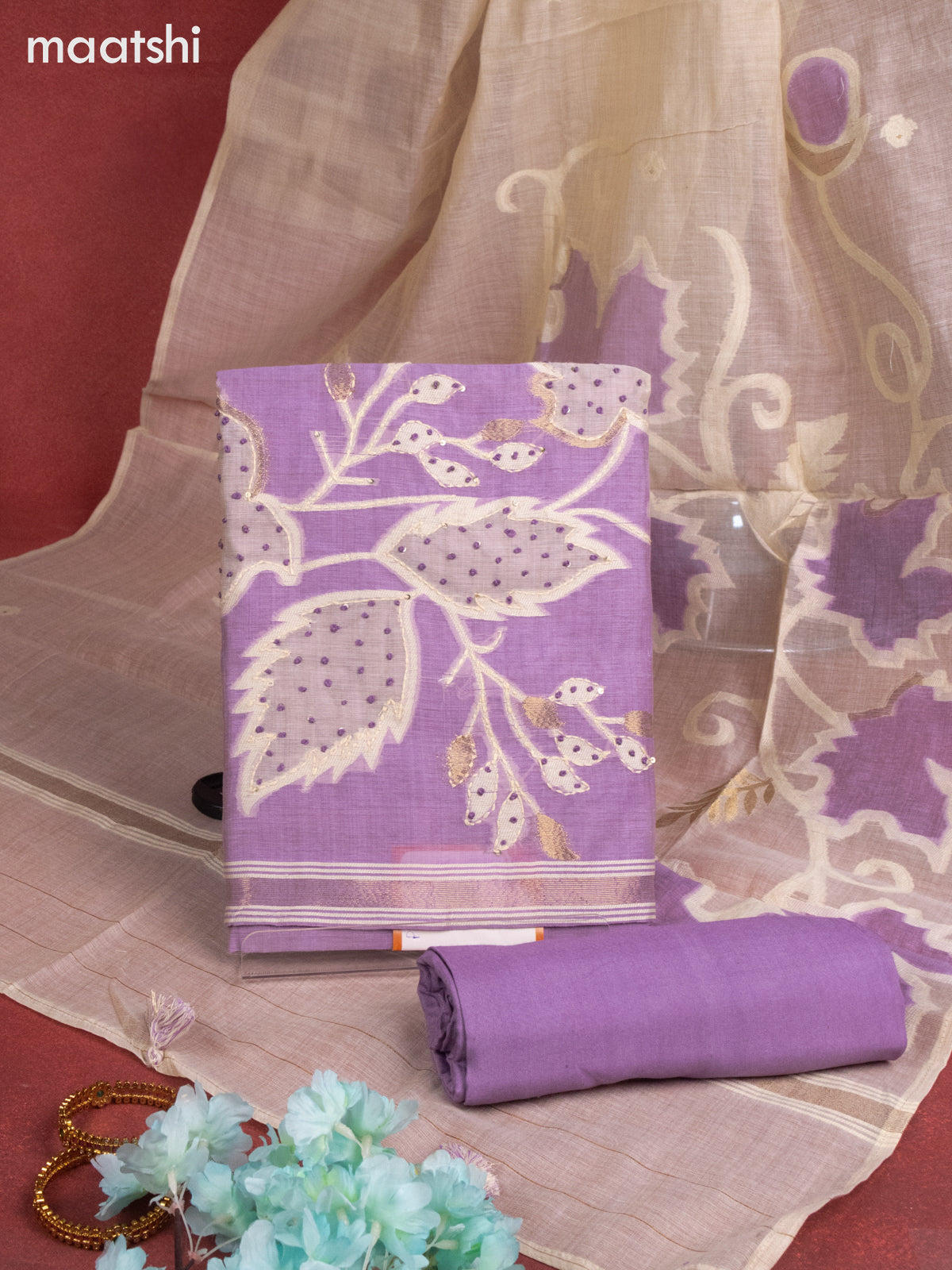 Munga cotton dress material lavender with french knot & embroidery work and bottom & thread zari dupatta