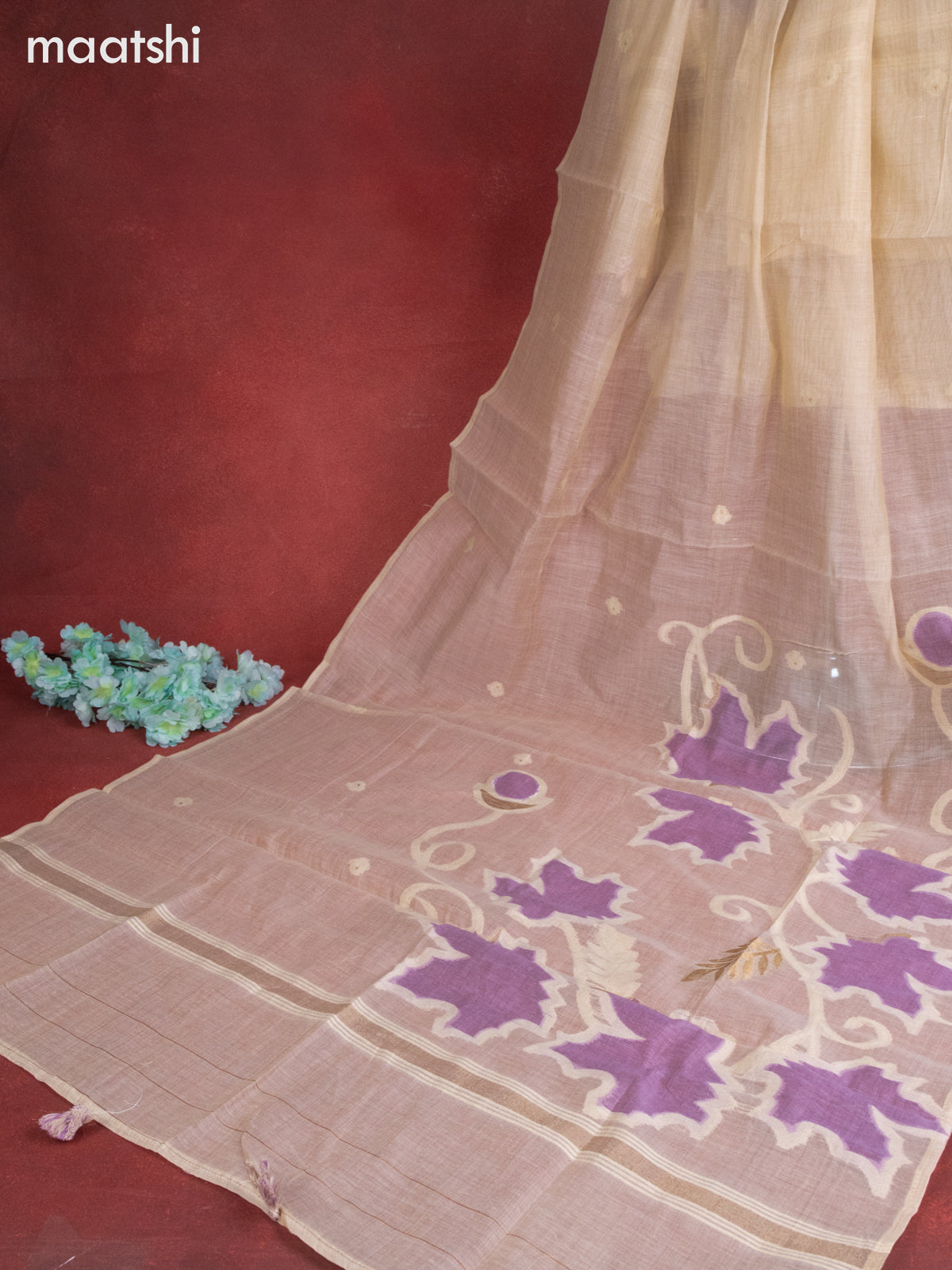 Munga cotton dress material lavender with french knot & embroidery work and bottom & thread zari dupatta