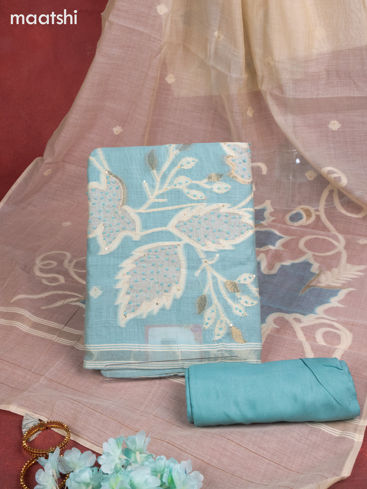 Munga cotton dress material teal blue shade with french knot & embroidery work and bottom & thread zari dupatta