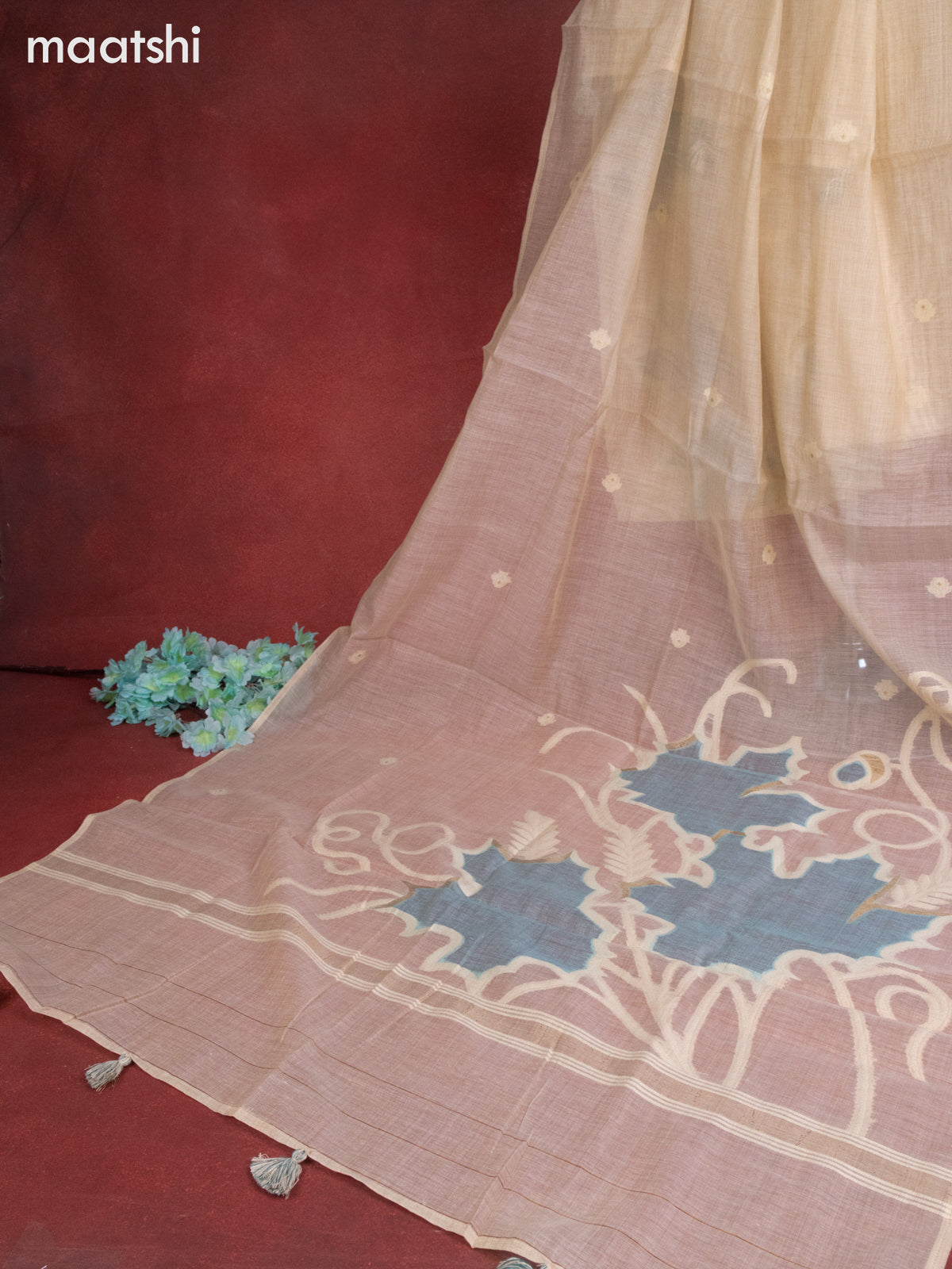 Munga cotton dress material teal blue shade with french knot & embroidery work and bottom & thread zari dupatta