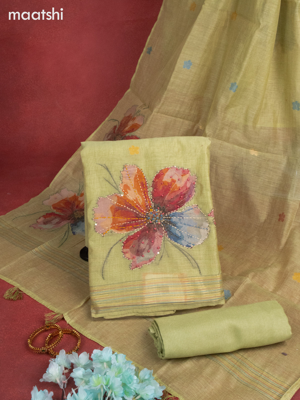 Munga cotton dress material green shade with woven buttas & french knot kantha stich work and bottom & thread zari dupatta