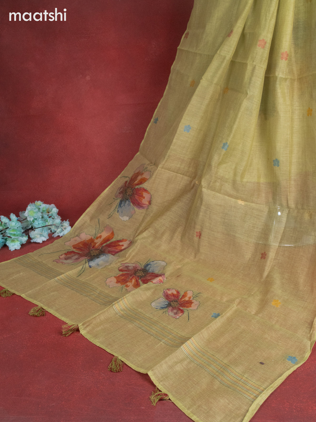 Munga cotton dress material green shade with woven buttas & french knot kantha stich work and bottom & thread zari dupatta