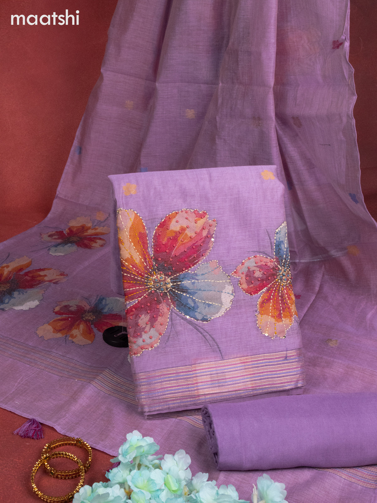 Munga cotton dress material lavender with woven buttas & french knot kantha stich work and bottom & thread zari dupatta
