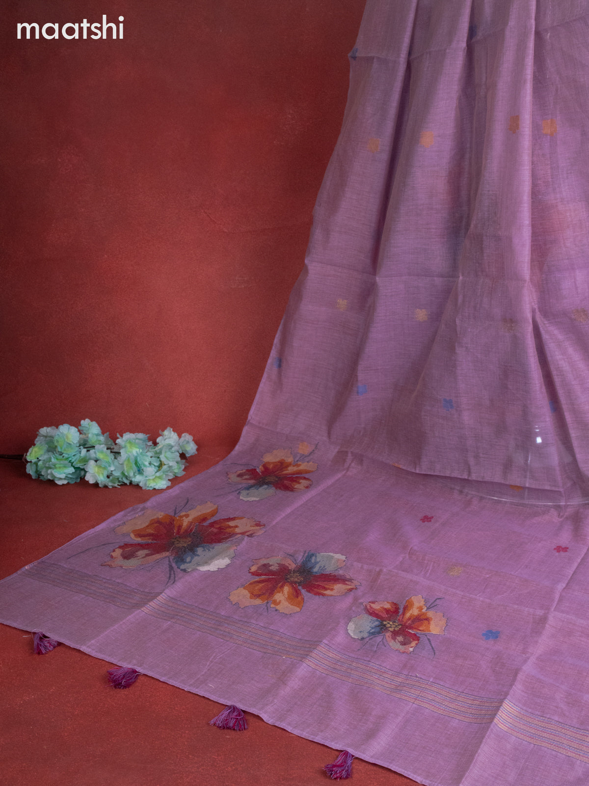 Munga cotton dress material lavender with woven buttas & french knot kantha stich work and bottom & thread zari dupatta