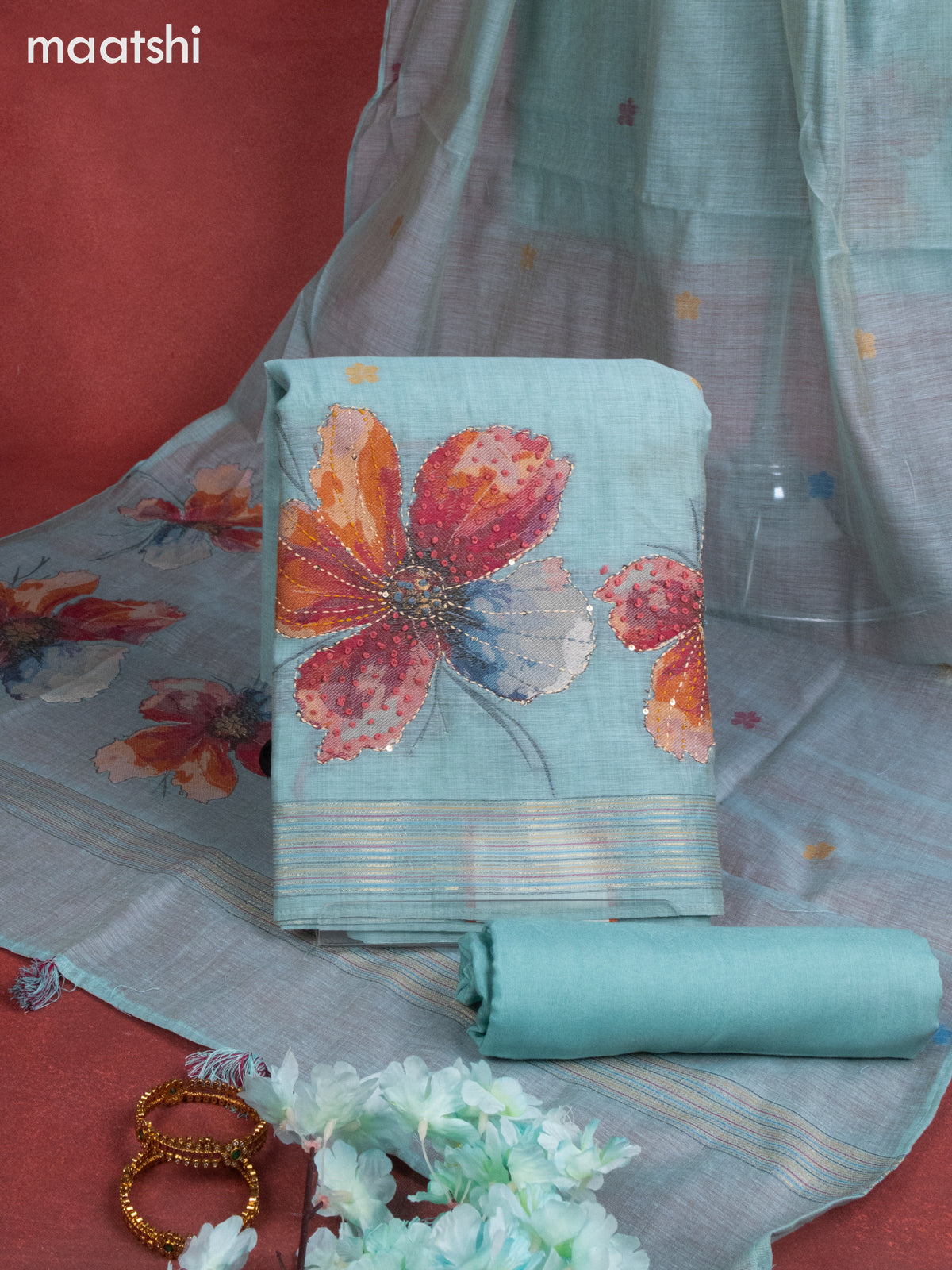 Munga cotton dress material teal blue with woven buttas & french knot kantha stich work and bottom & thread zari dupatta