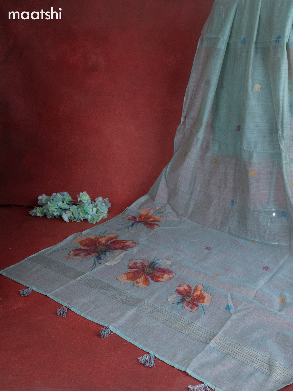 Munga cotton dress material teal blue with woven buttas & french knot kantha stich work and bottom & thread zari dupatta