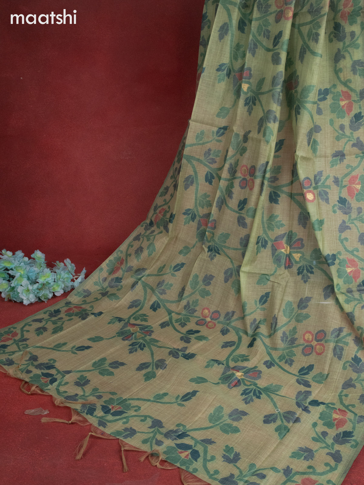 Munga cotton dress material green shade with woven buttas & embroidery work neck pattern and bottom & thread zari dupatta