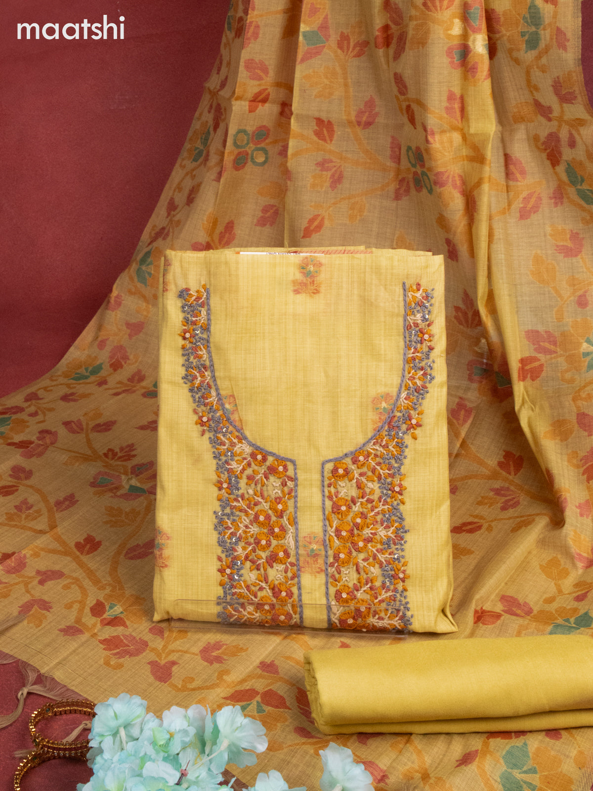 Munga cotton dress material yellow shade with woven buttas & embroidery work neck pattern and bottom & thread zari dupatta