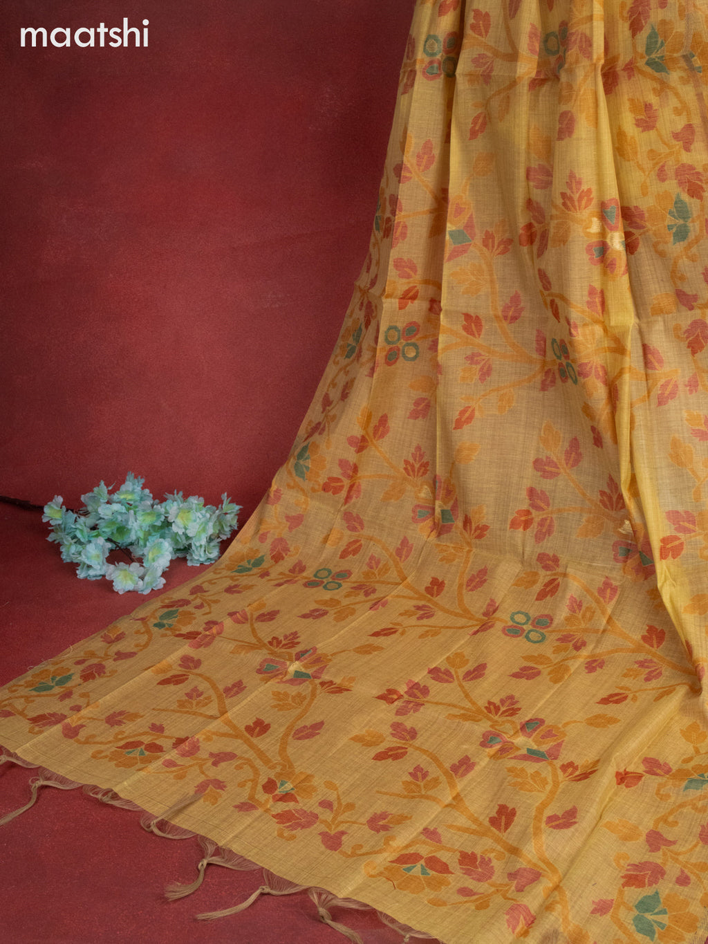 Munga cotton dress material yellow shade with woven buttas & embroidery work neck pattern and bottom & thread zari dupatta