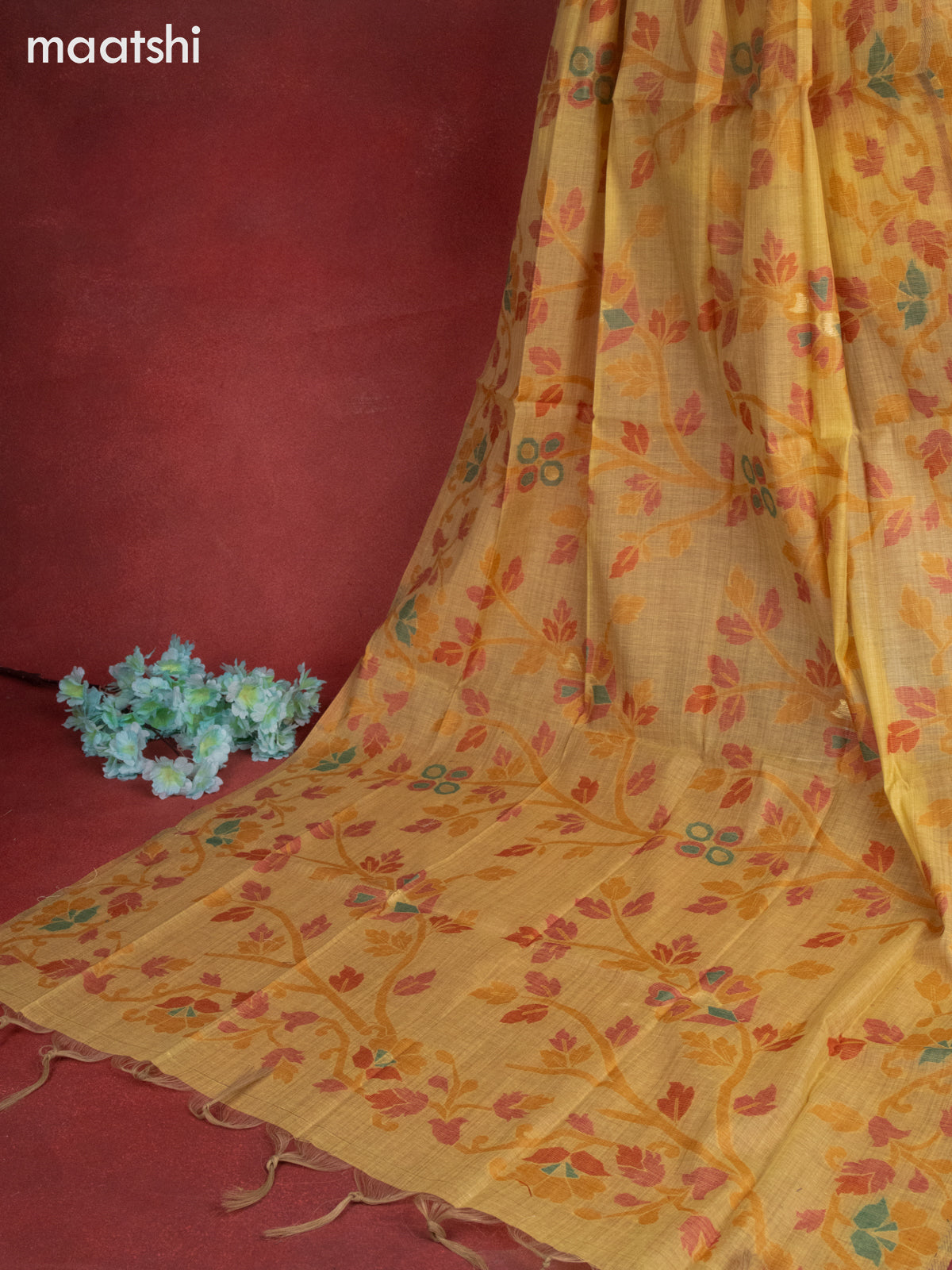 Munga cotton dress material yellow shade with woven buttas & embroidery work neck pattern and bottom & thread zari dupatta
