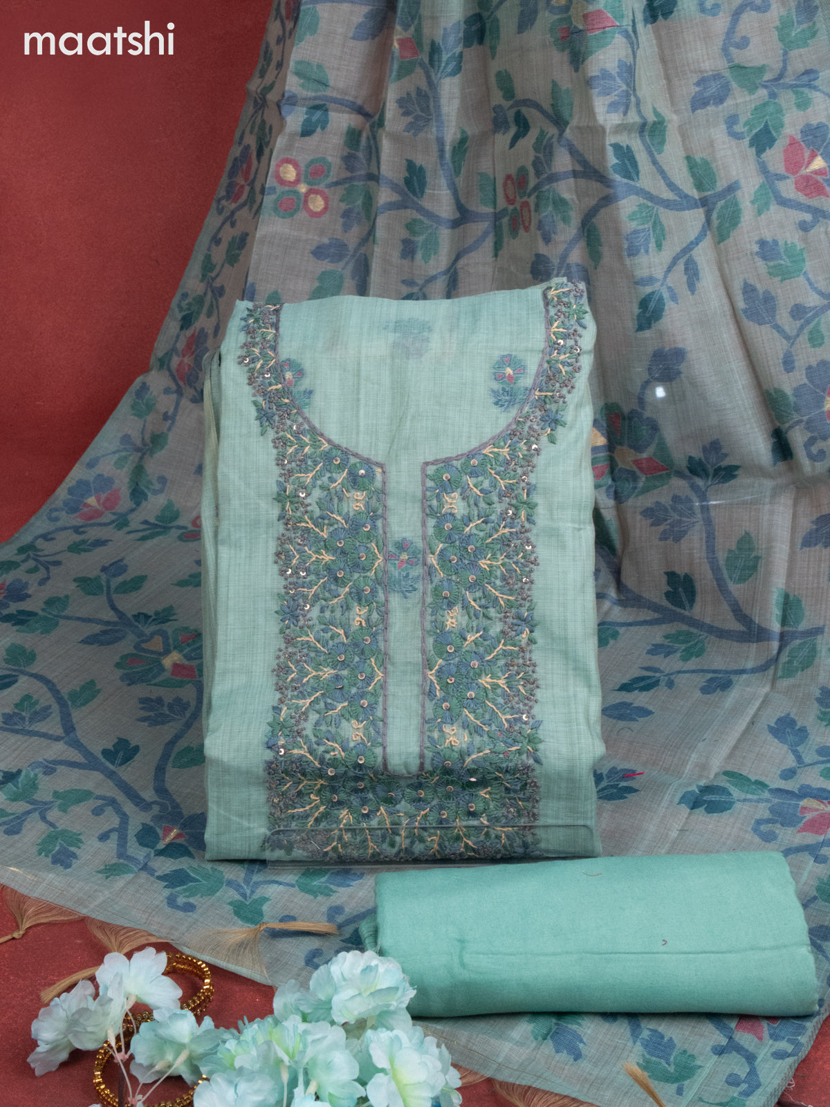 Munga cotton dress material teal shade with woven buttas & embroidery work neck pattern and bottom & thread zari dupatta