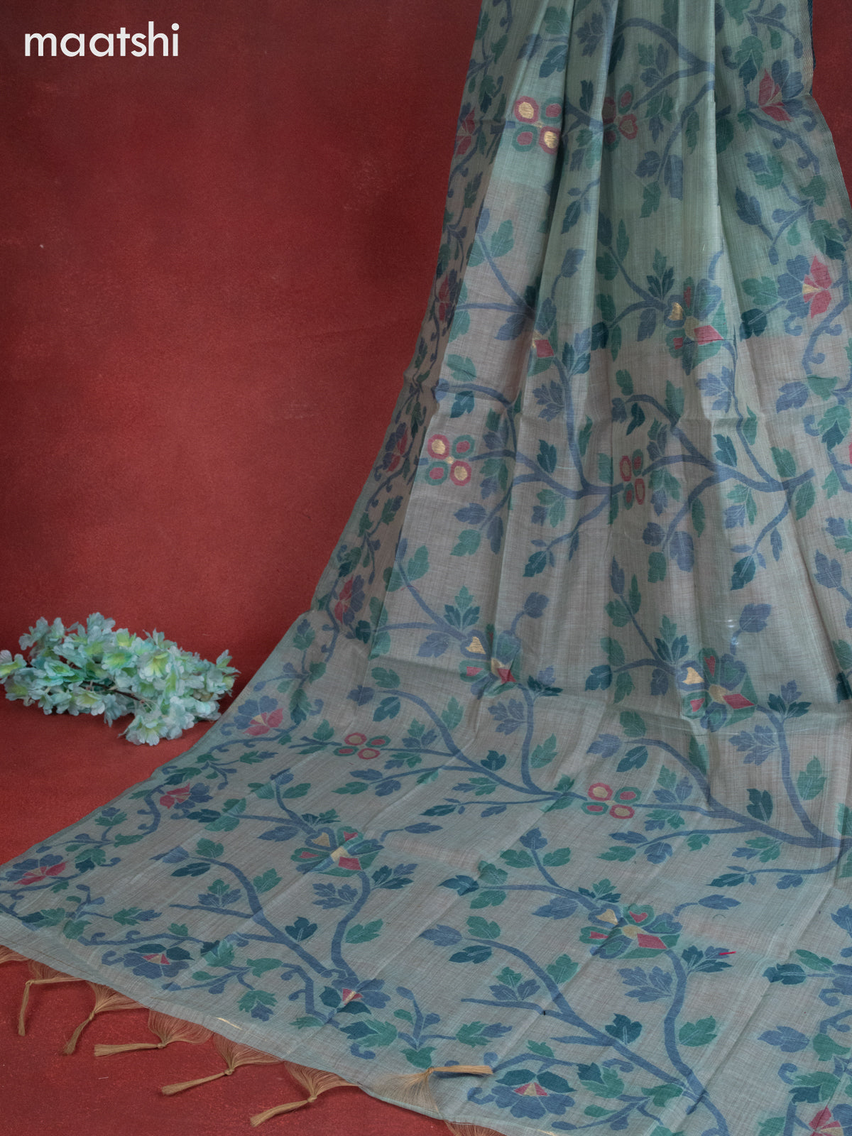 Munga cotton dress material teal shade with woven buttas & embroidery work neck pattern and bottom & thread zari dupatta