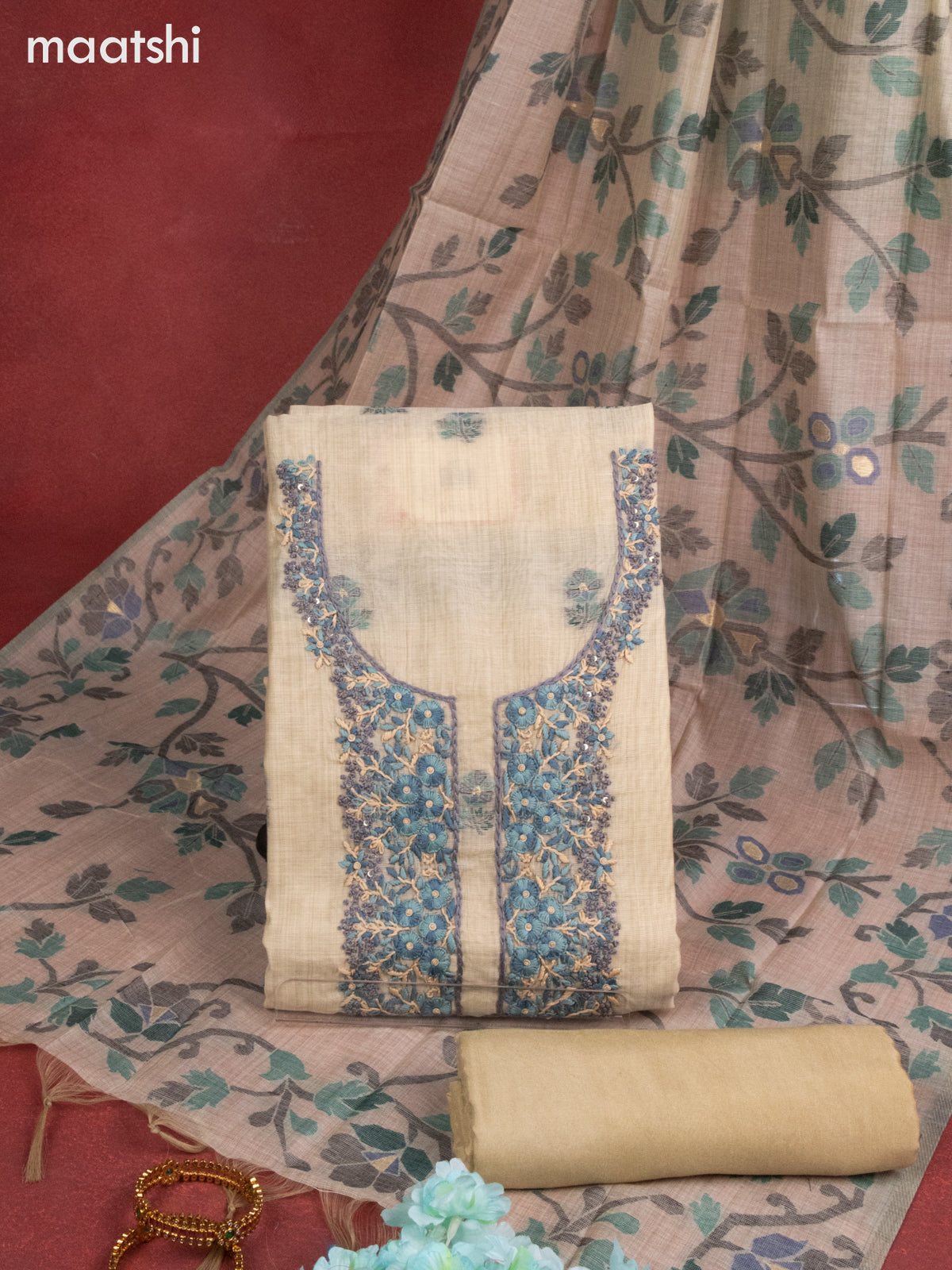 Munga cotton dress material beige with woven buttas & embroidery work neck pattern and bottom & thread zari dupatta