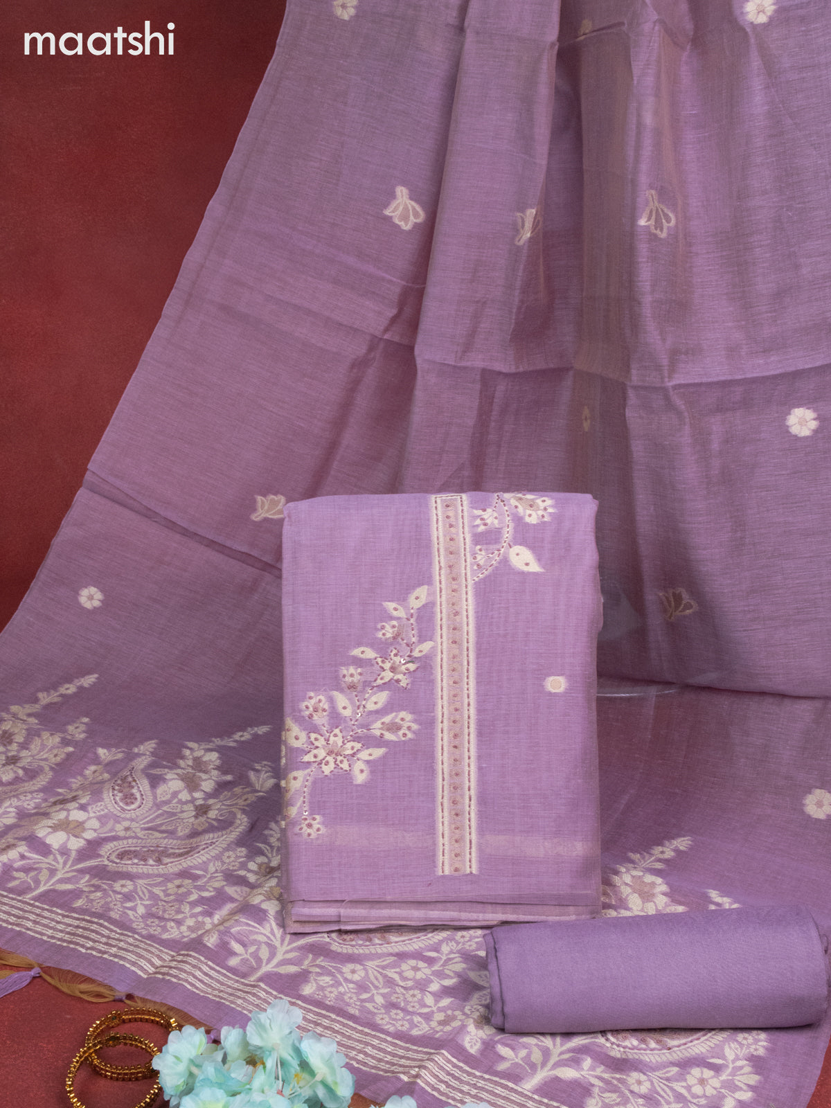 Munga cotton dress material purple shade with woven buttas & french knot kantha stich work and bottom & thread zari dupatta